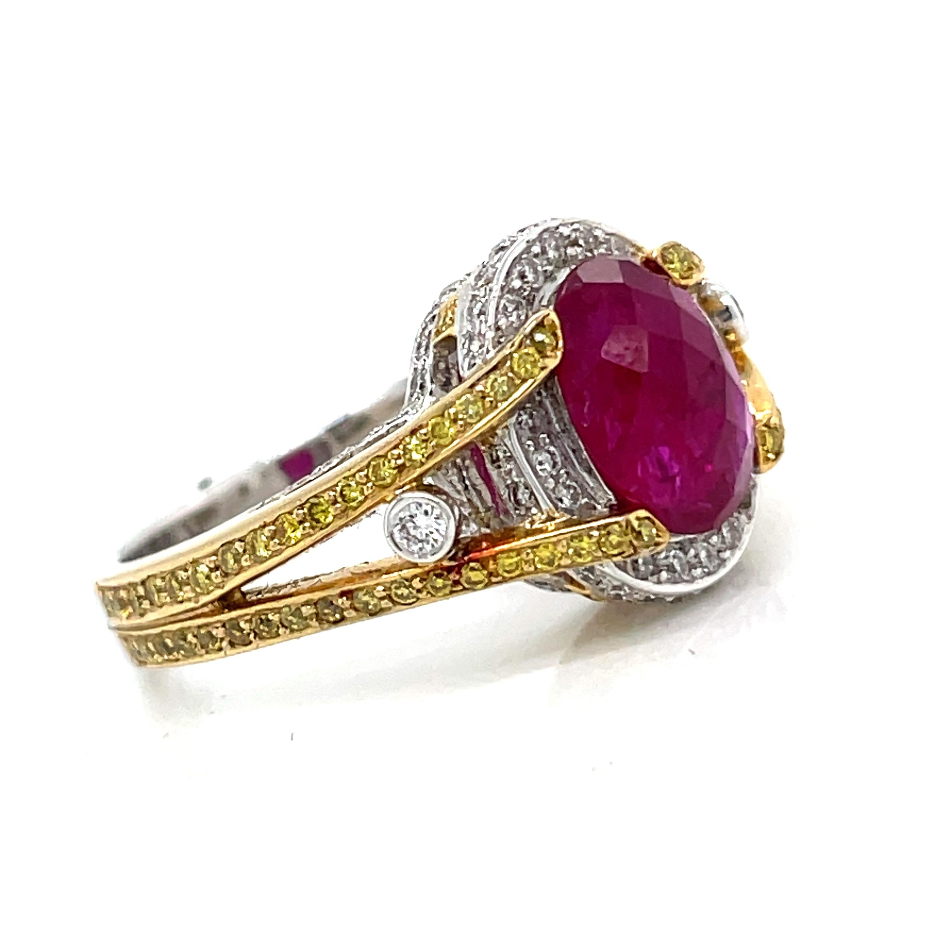 Oval Cut Ruby faceted buff top 18 K white and yellow  gold Engagement ring  For Sale