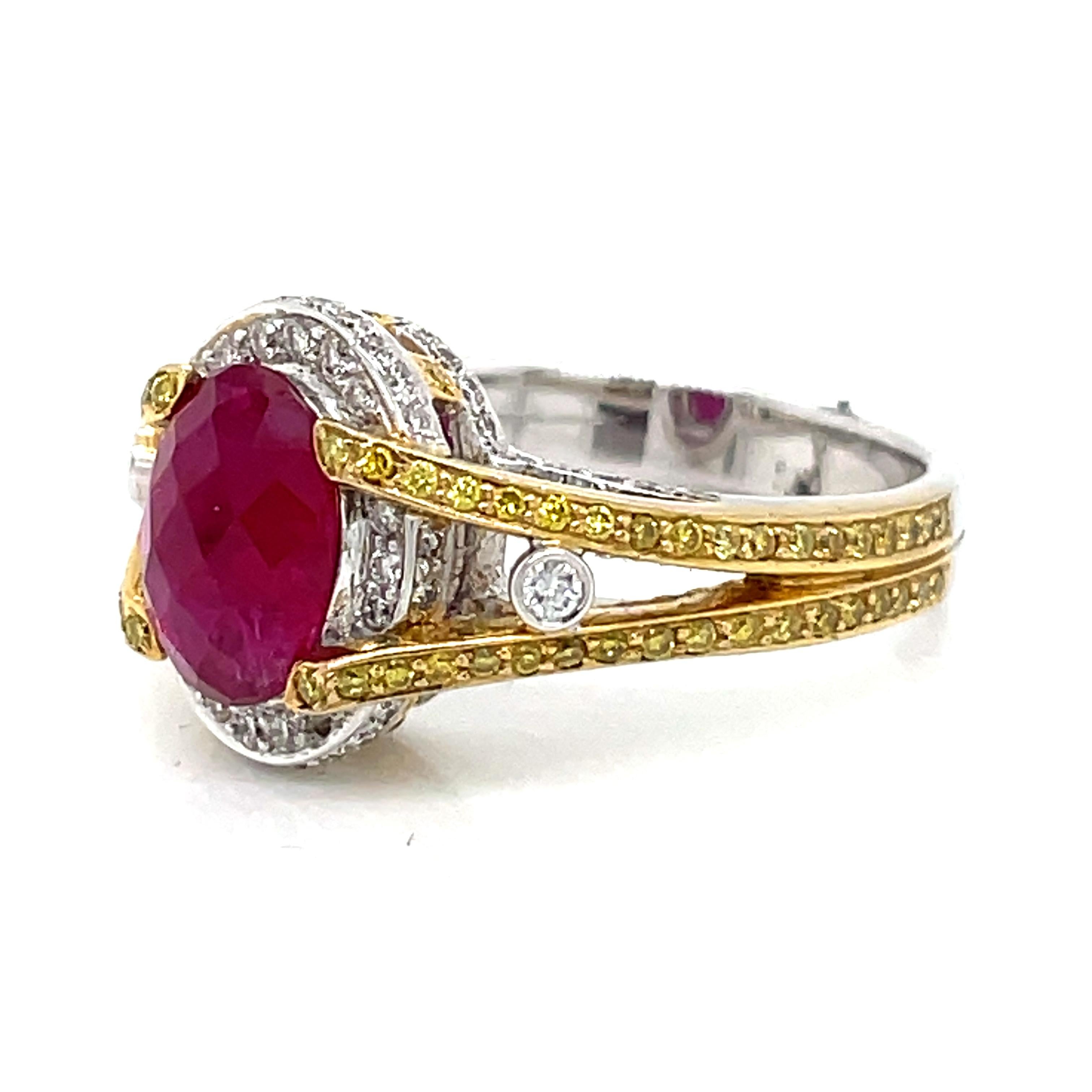 Women's Ruby faceted buff top 18 K white and yellow  gold Engagement ring  For Sale