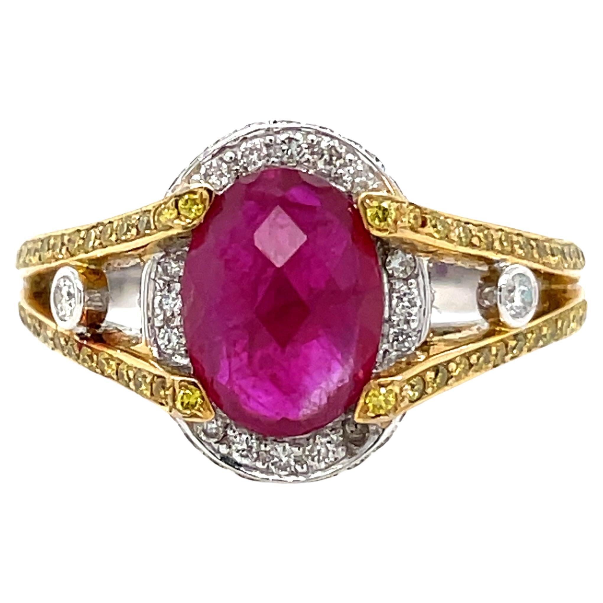 Ruby faceted buff top 18 K white and yellow  gold Engagement ring For Sale