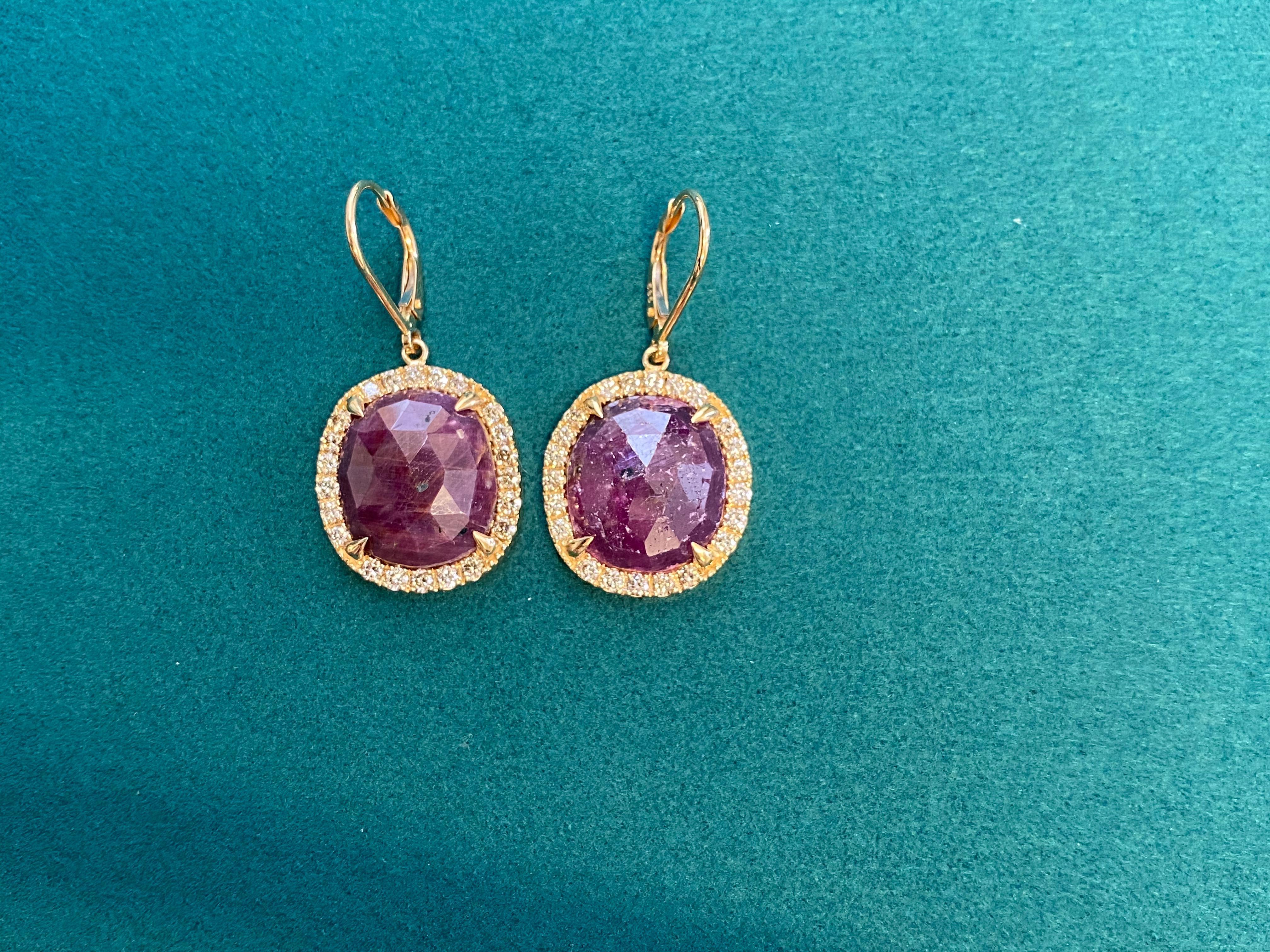Ruby Faceted Cabochon Slice Diamond Halo Drop 18 Karat Yellow Gold Hug Earrings For Sale 5