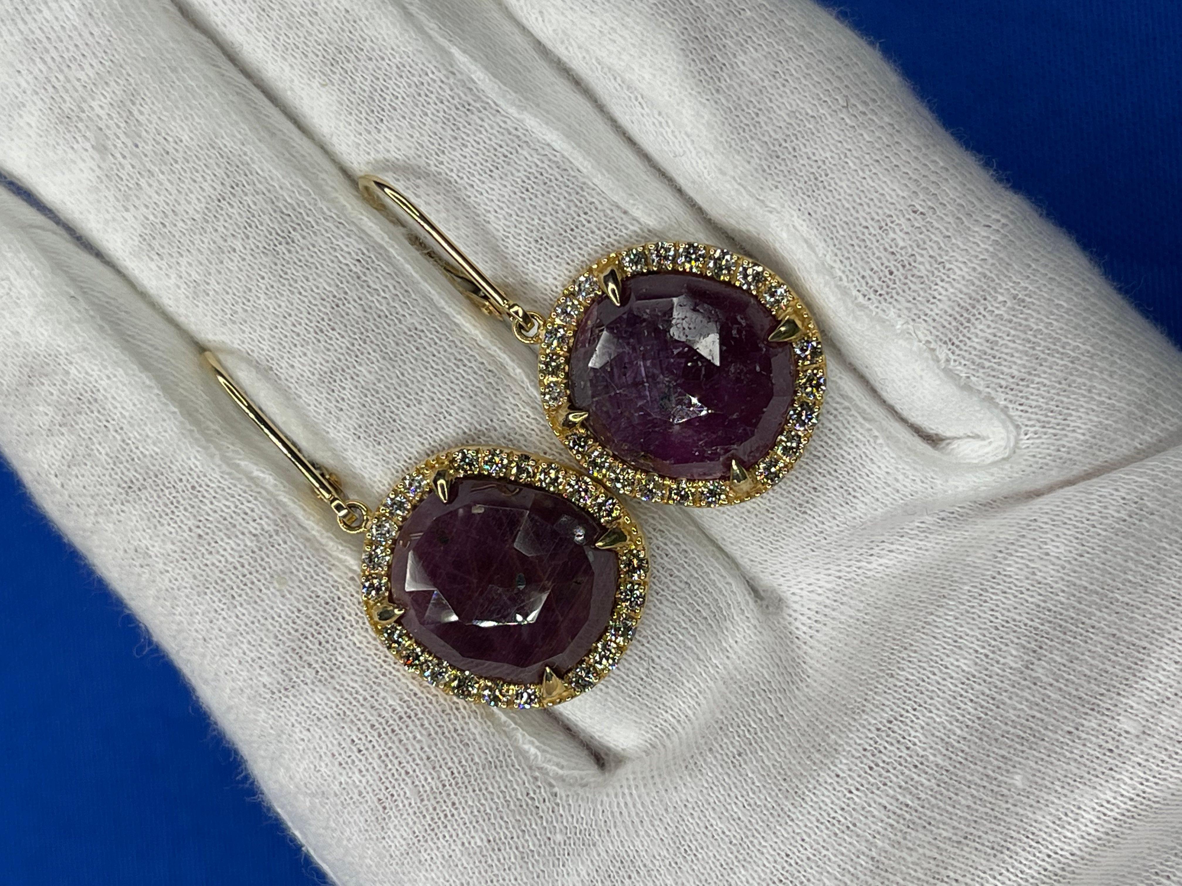 Ruby Faceted Cabochon Slice Diamond Halo Drop 18 Karat Yellow Gold Hug Earrings For Sale 3