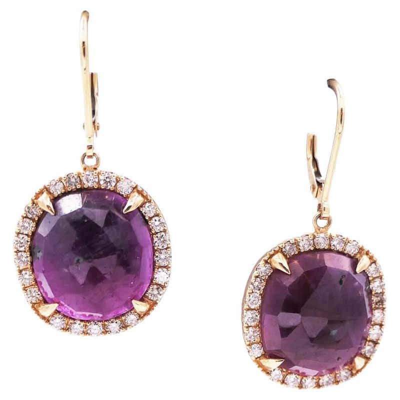 Rose Gold Diamond Slice Ruby Emerald Drop Earrings For Sale at 1stDibs