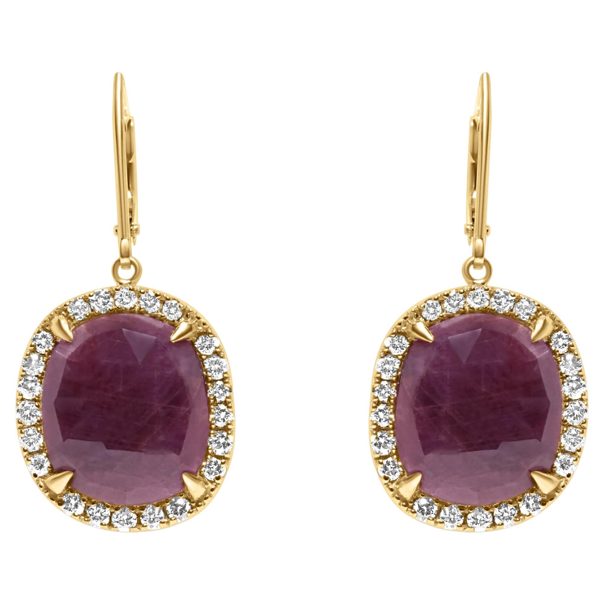 Ruby Faceted Cabochon Slice Diamond Halo Drop 18 Karat Yellow Gold Hug Earrings For Sale