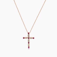 Ruby & Fancy Diamond 18K Rose Gold Cross Pendant Necklace