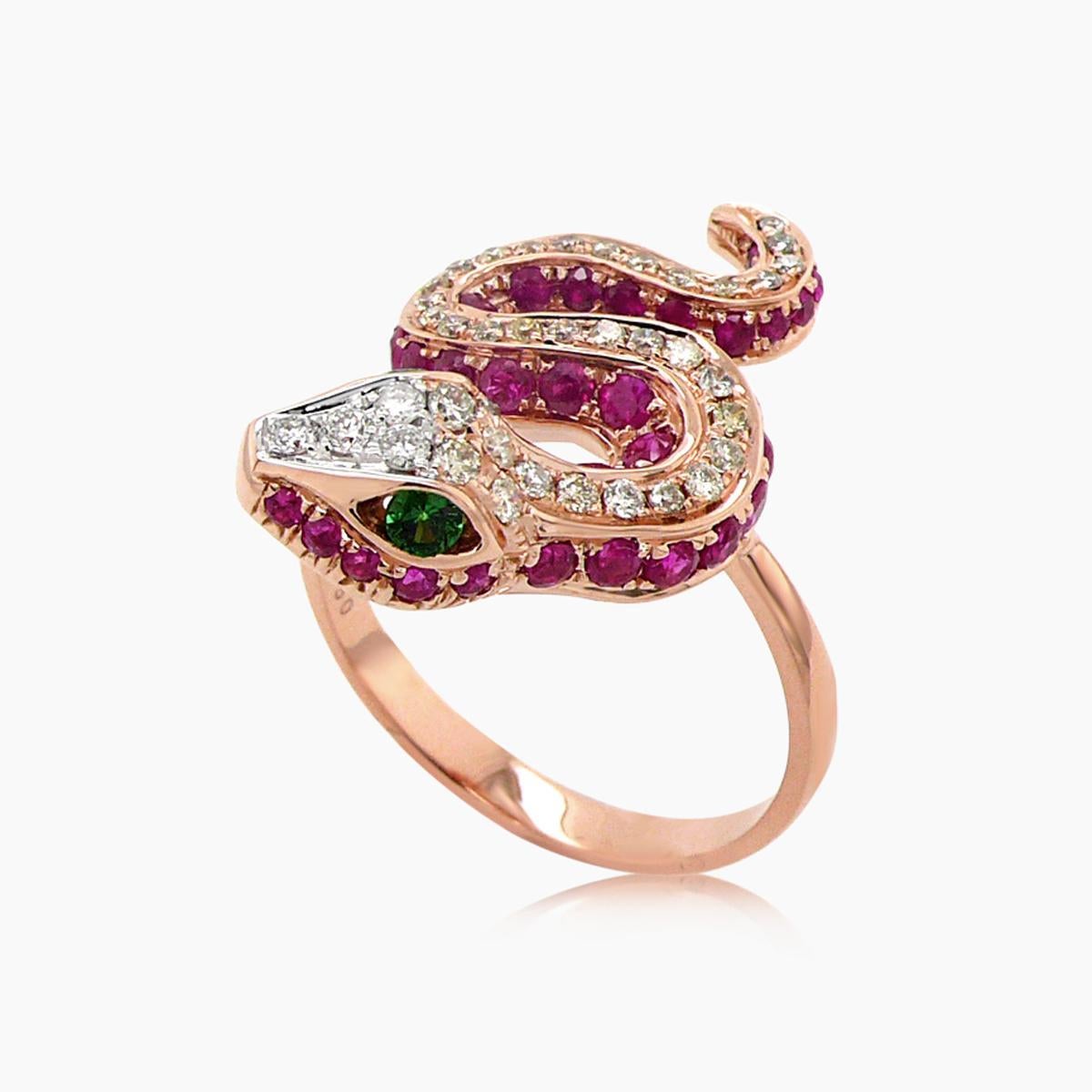 Bague serpent en or rose 18 carats Ruby Fancy Diamond Garnet & White Diamond Neuf - En vente à Oakton, VA