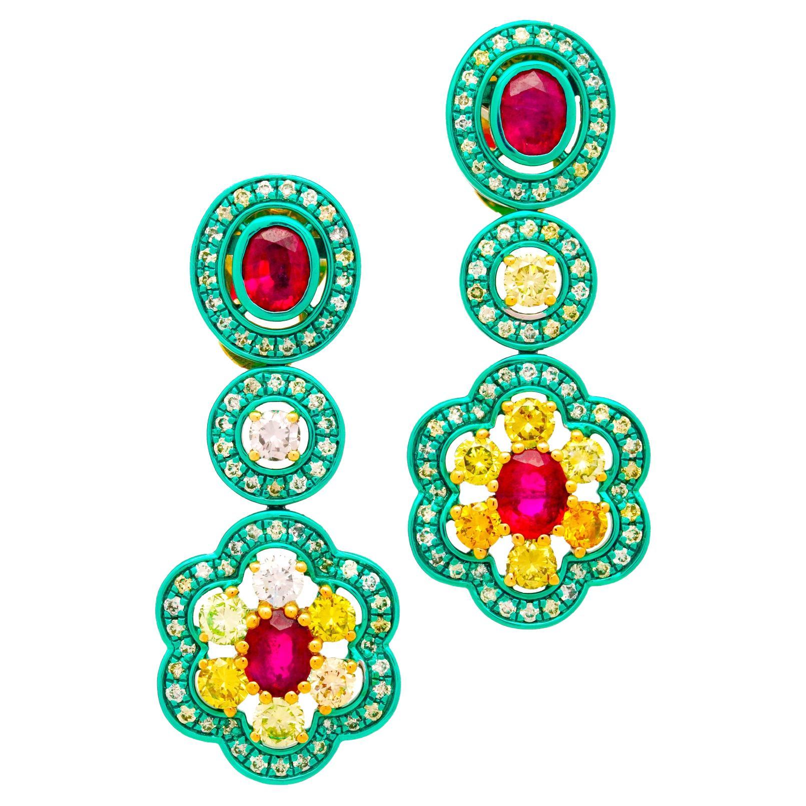 Boucles d'oreilles en or 18 carats, rubis, diamants jaunes fantaisie et diamants, Austy Lee