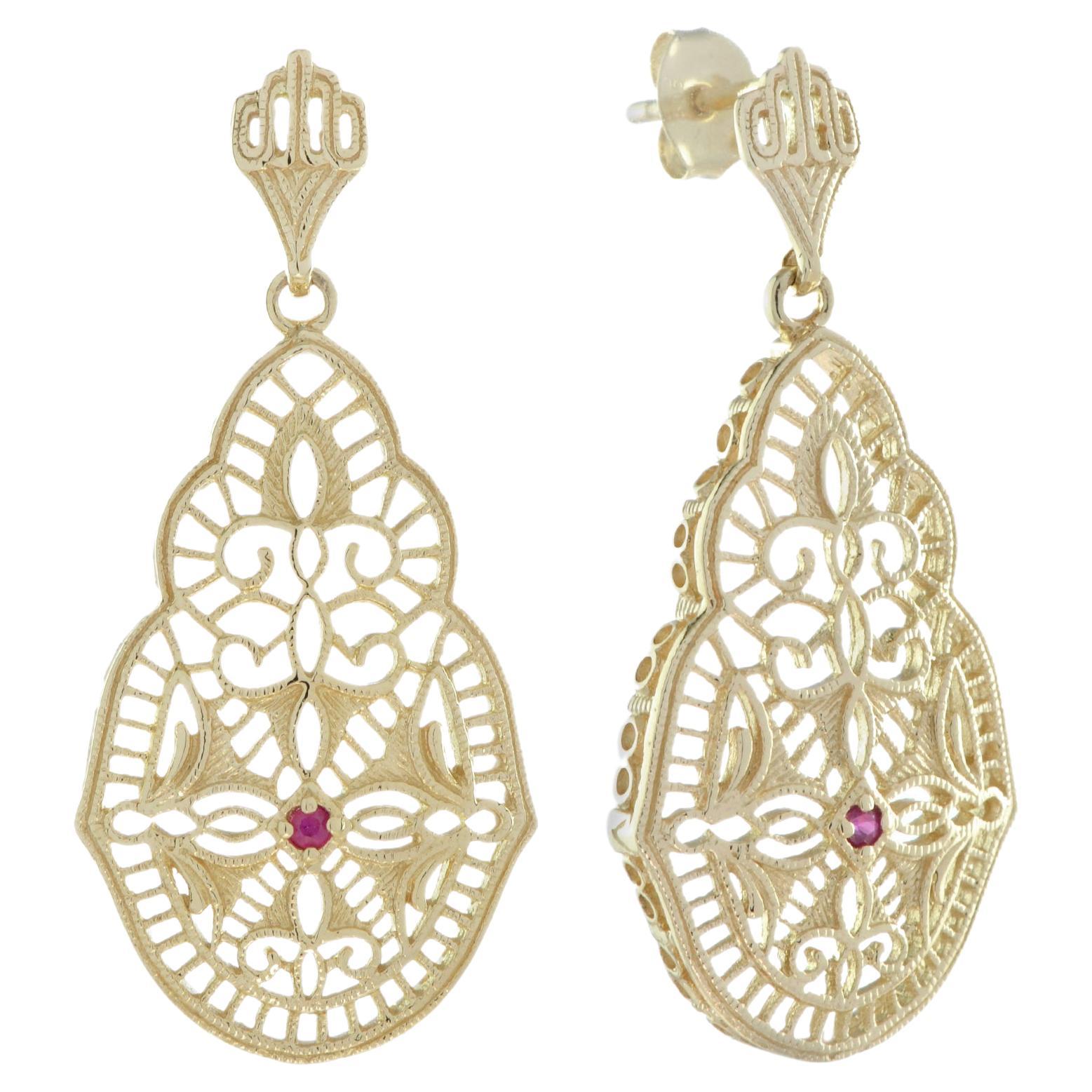 Vintage Style Ruby Filigree Dangle Earrings in 14K Yellow Gold