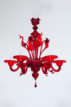 Ruby Floral Cascade Murano Glass Chandelier, Sculpted Flowers & Leaves, Venetian