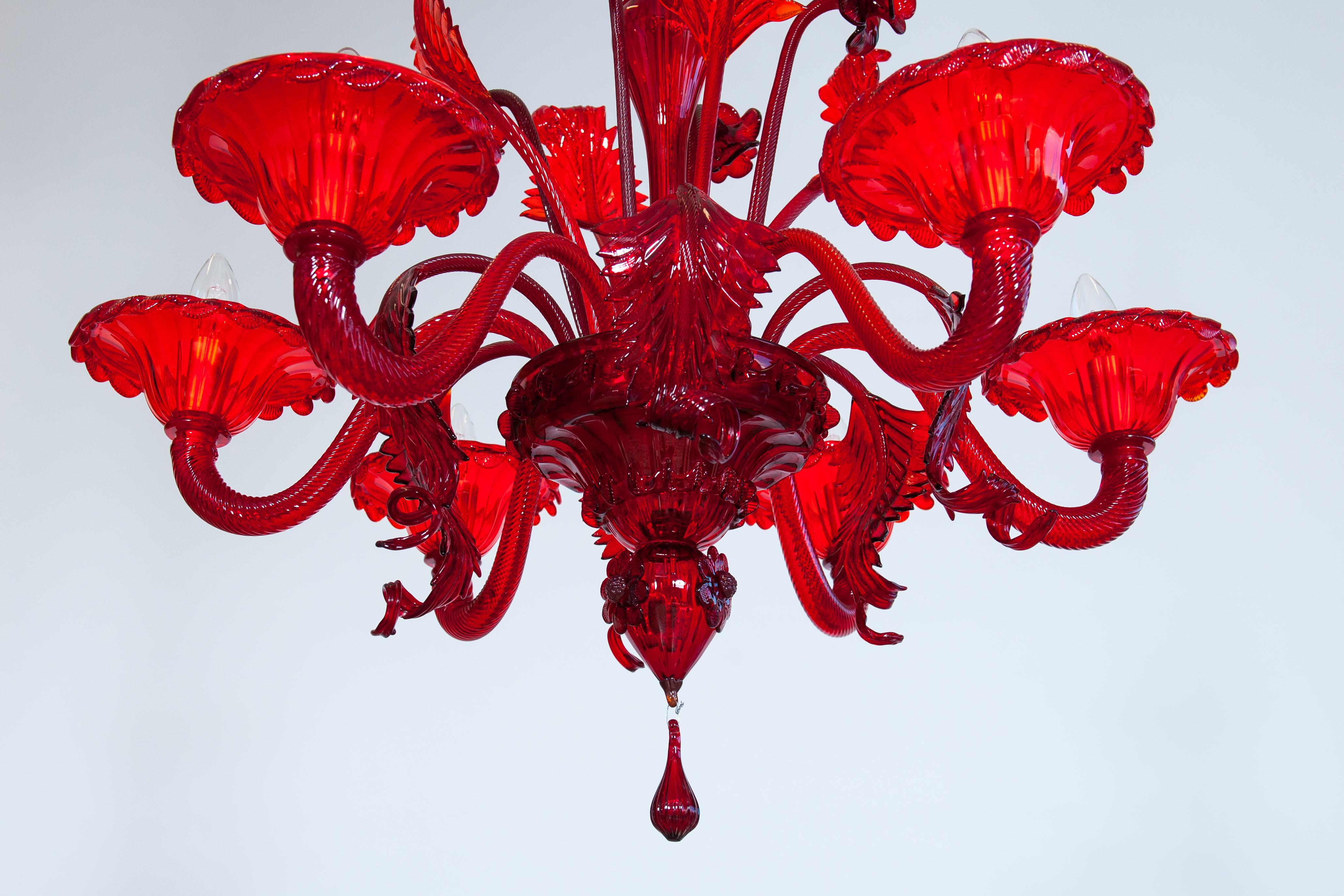 Art Deco Ruby Floral Cascade Murano Glass Chandelier, Sculpted Flowers & Leaves, Venetian For Sale
