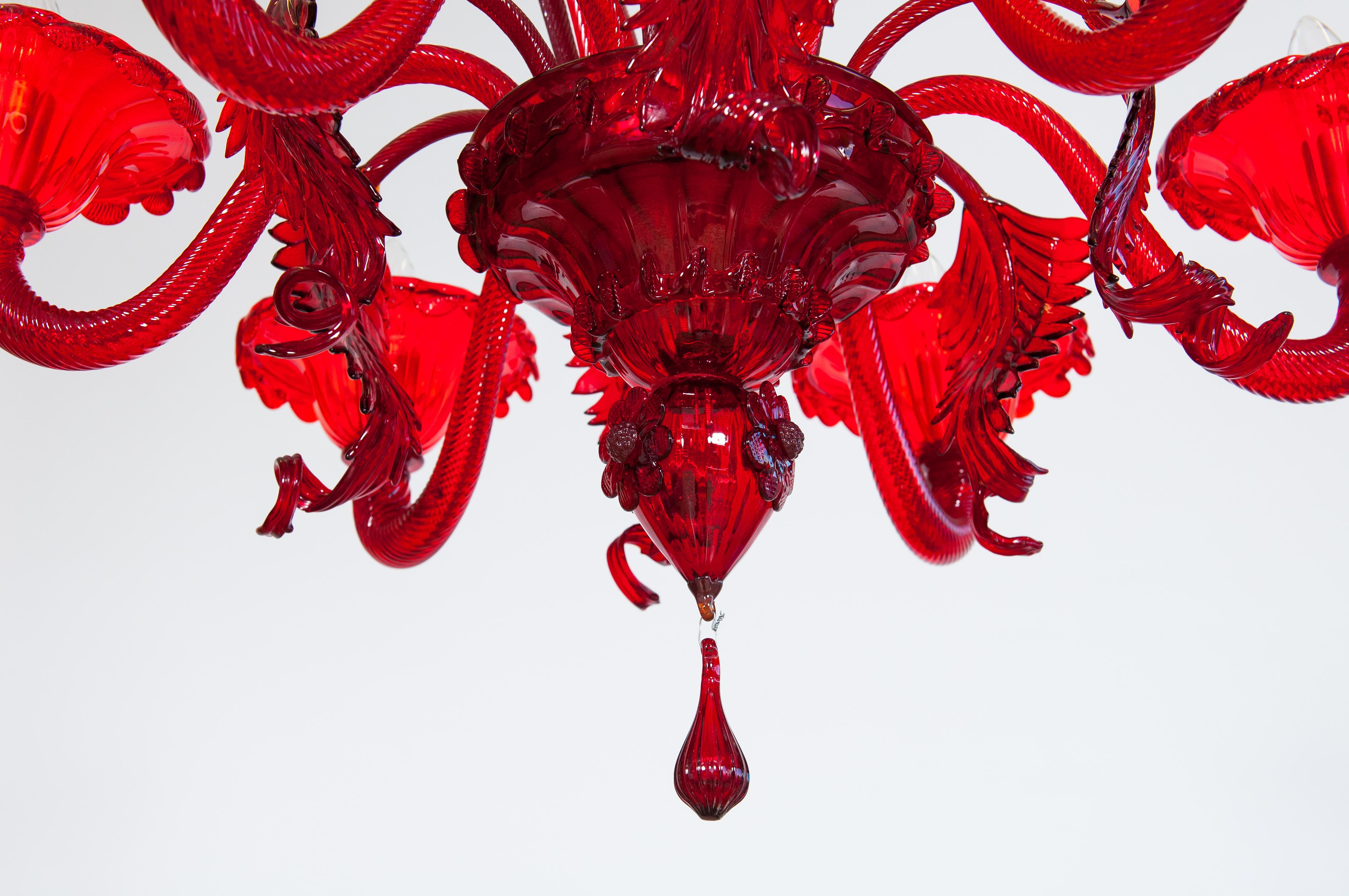 Italian Ruby Floral Cascade Murano Glass Chandelier, Sculpted Flowers & Leaves, Venetian For Sale