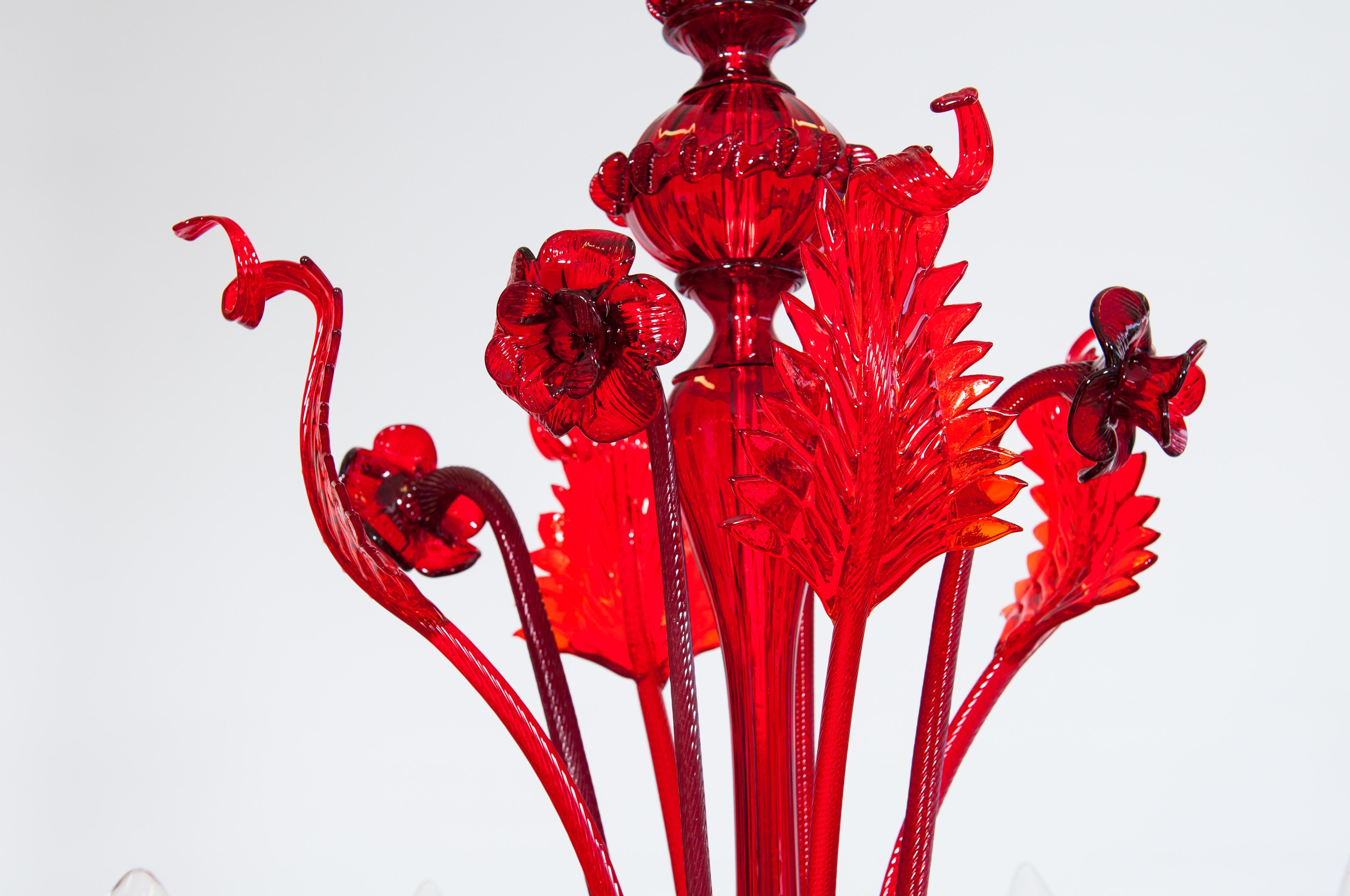 Hand-Crafted Ruby Floral Cascade Murano Glass Chandelier, Sculpted Flowers & Leaves, Venetian For Sale