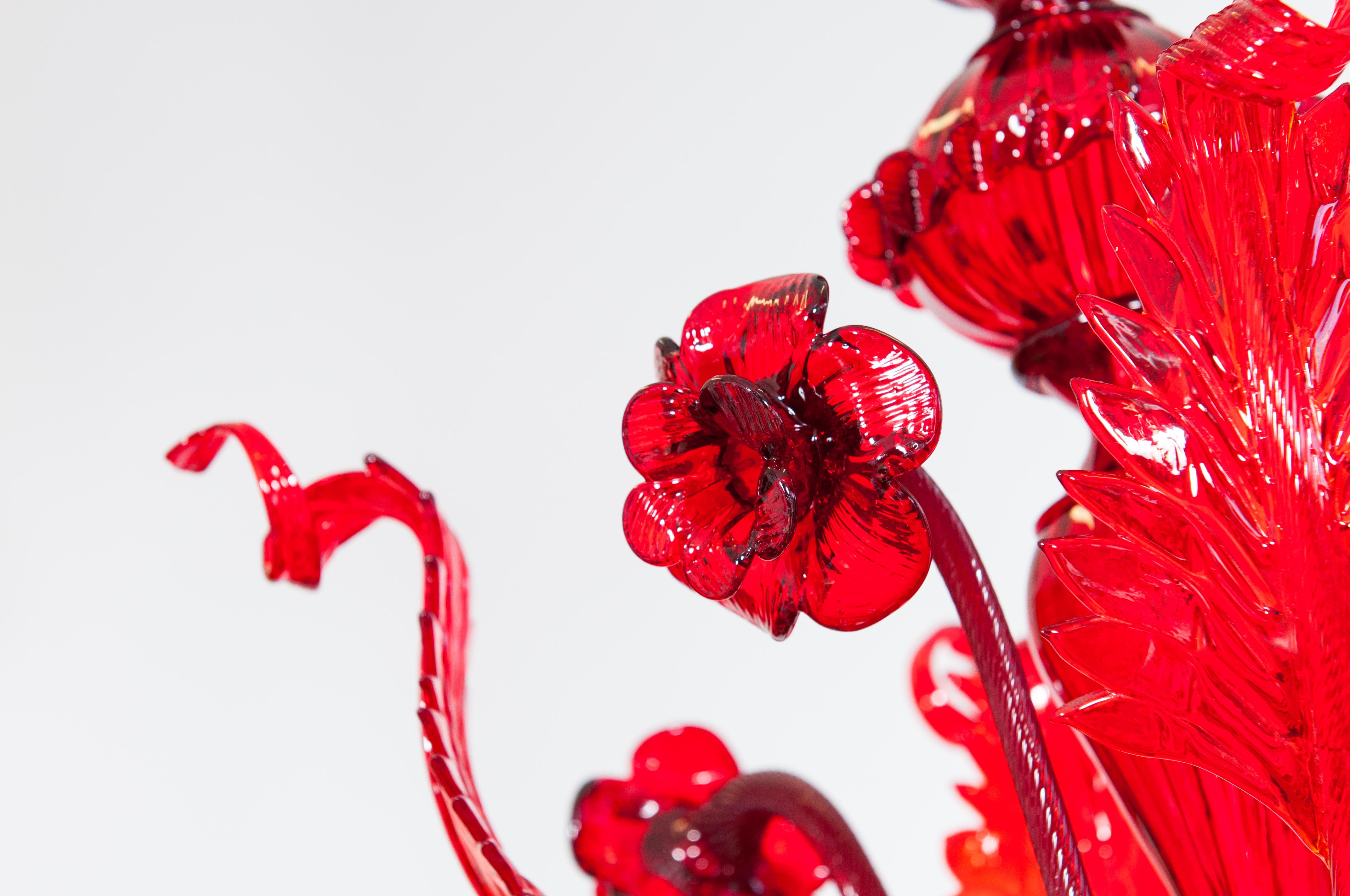 Ruby Floral Cascade Murano Glass Chandelier, Sculpted Flowers & Leaves, Venetian In Excellent Condition For Sale In Villaverla, IT