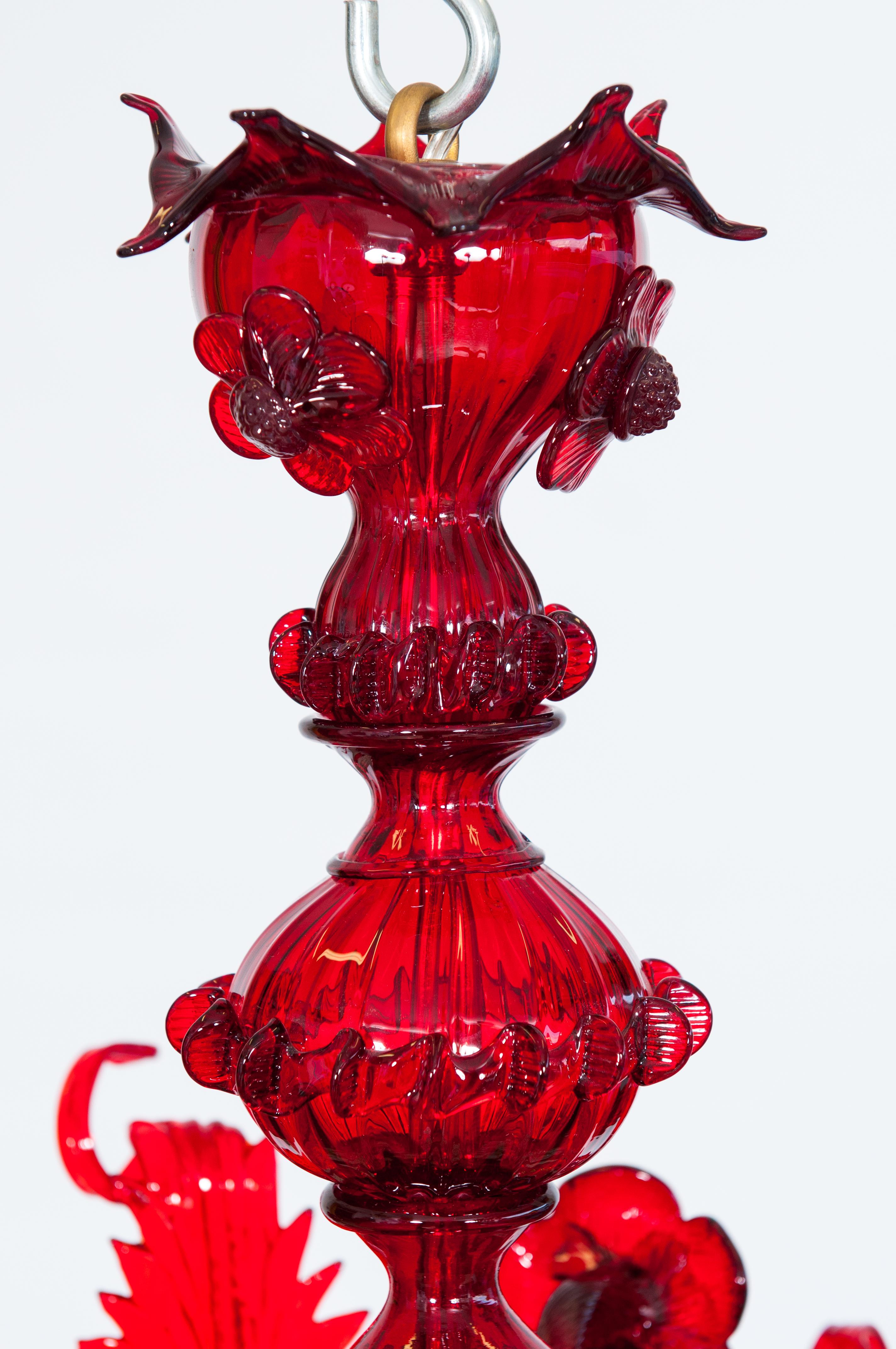 Late 20th Century Ruby Floral Cascade Murano Glass Chandelier, Sculpted Flowers & Leaves, Venetian For Sale