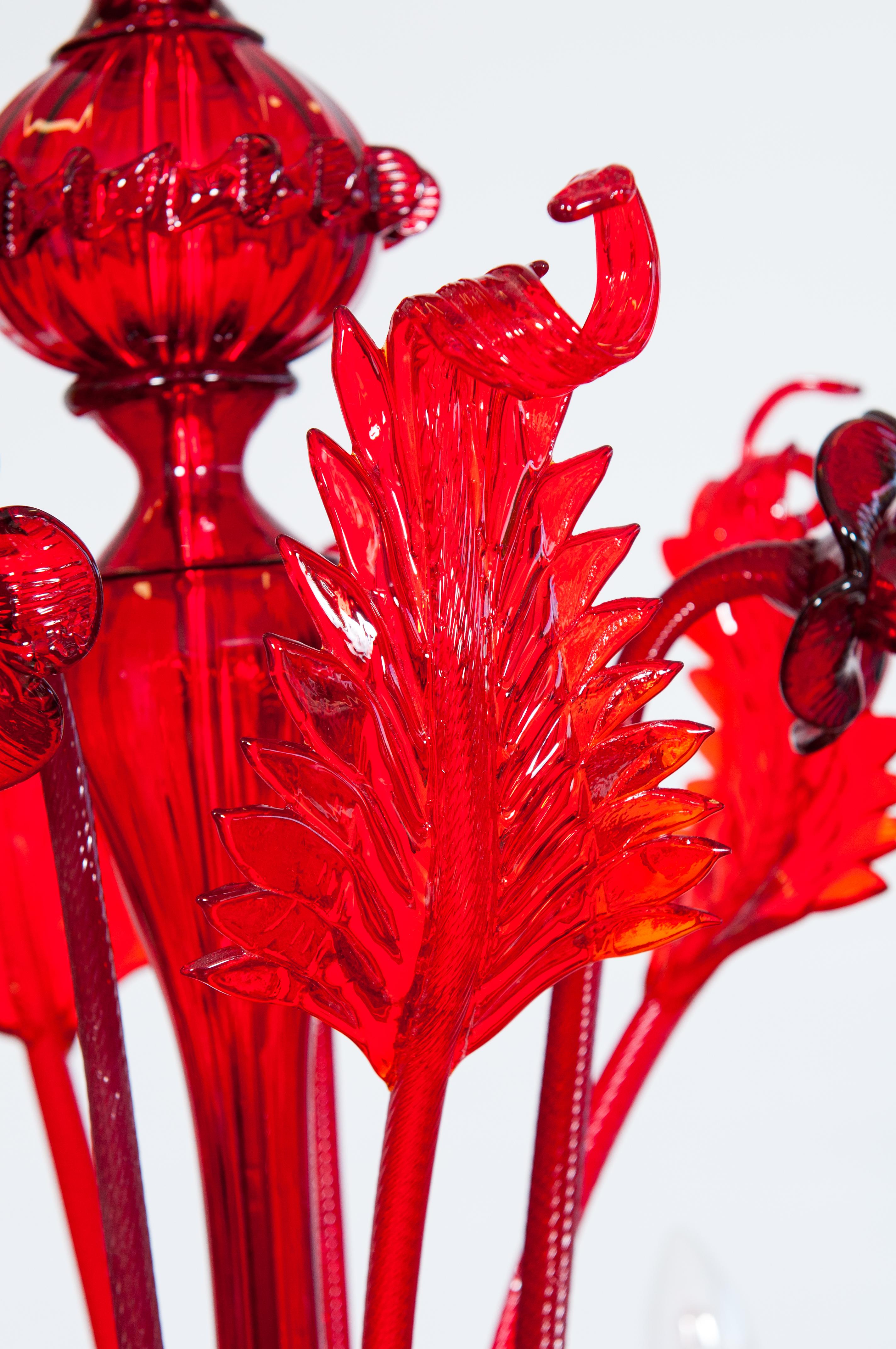 Ruby Floral Cascade Murano Glass Chandelier, Sculpted Flowers & Leaves, Venetian For Sale 1
