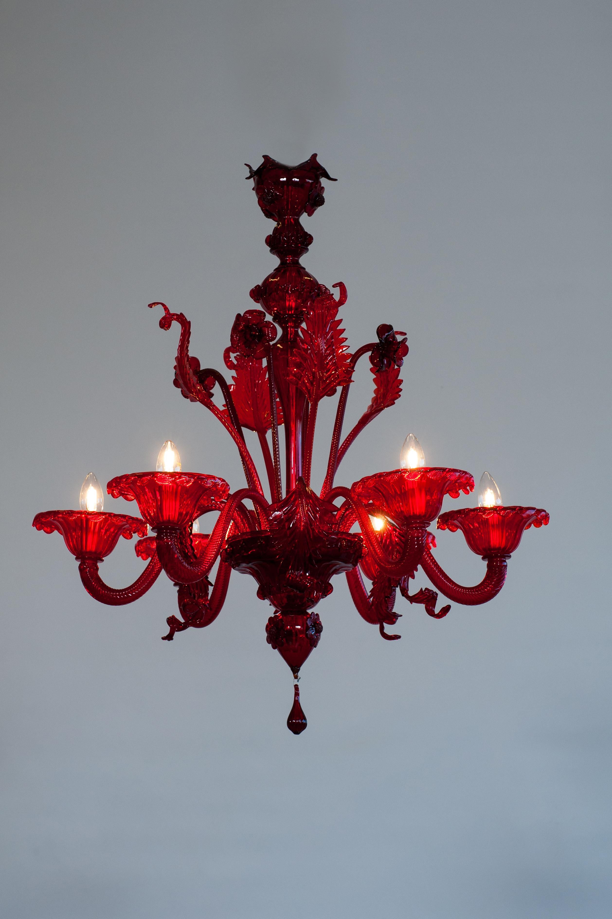 Ruby Floral Cascade Murano Glass Chandelier, Sculpted Flowers & Leaves, Venetian For Sale 2