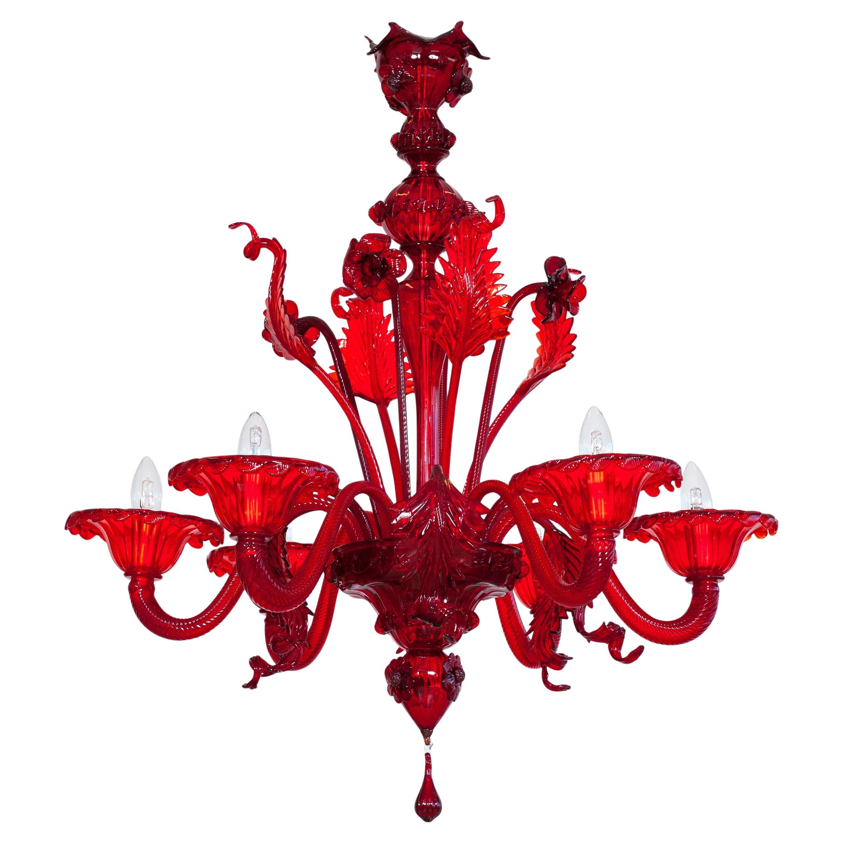 Ruby Floral Cascade Murano Glass Chandelier, Sculpted Flowers & Leaves, Venetian