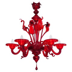 Ruby Floral Cascade Murano Glass Chandelier, Sculpted Flowers & Leaves, Venetian