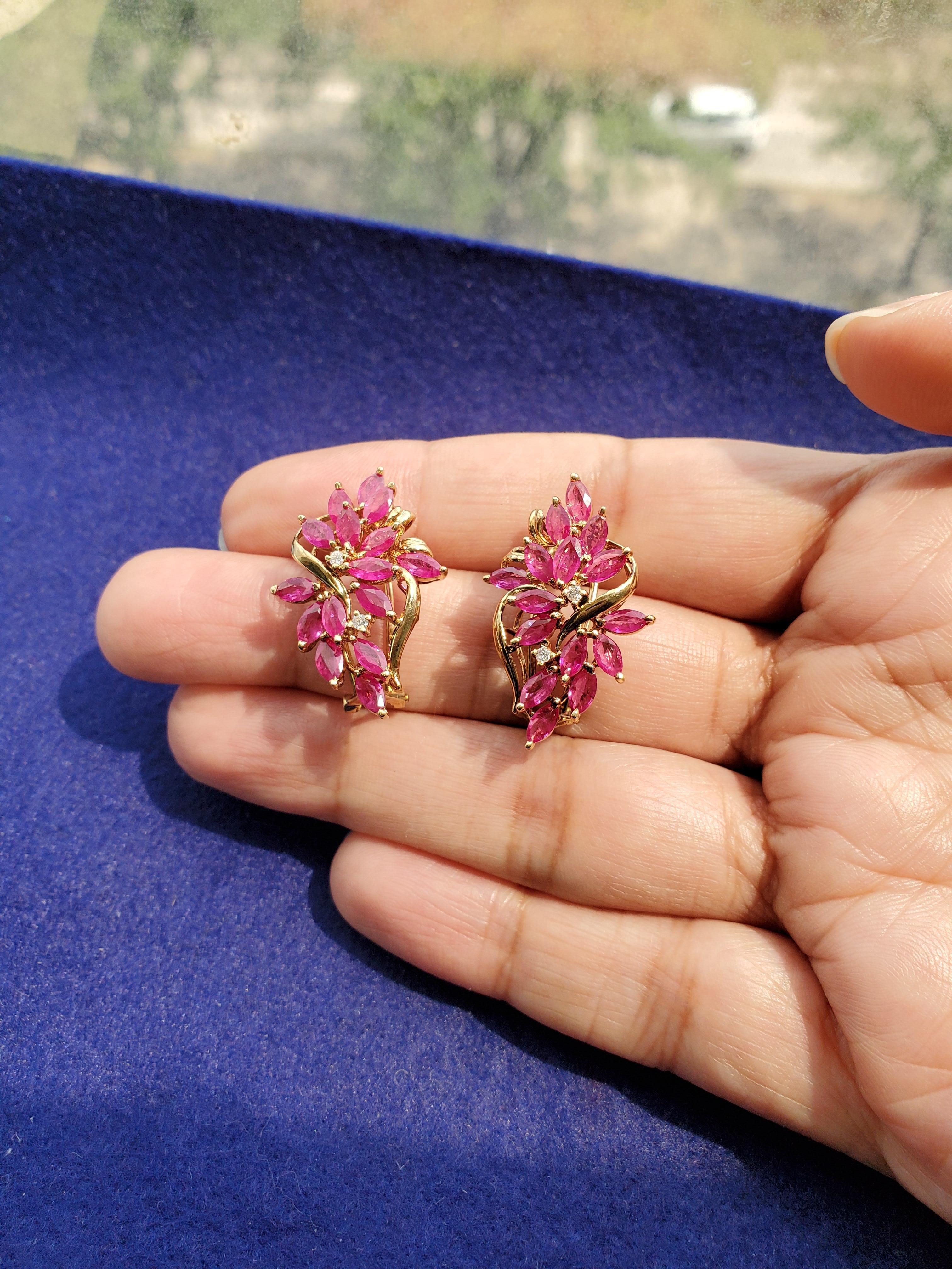 Pendientes Rubí Floral Oro Amarillo 14k Corte marquesa en venta