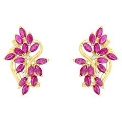 Ruby Floral Cluster Earrings 14k Yellow Gold