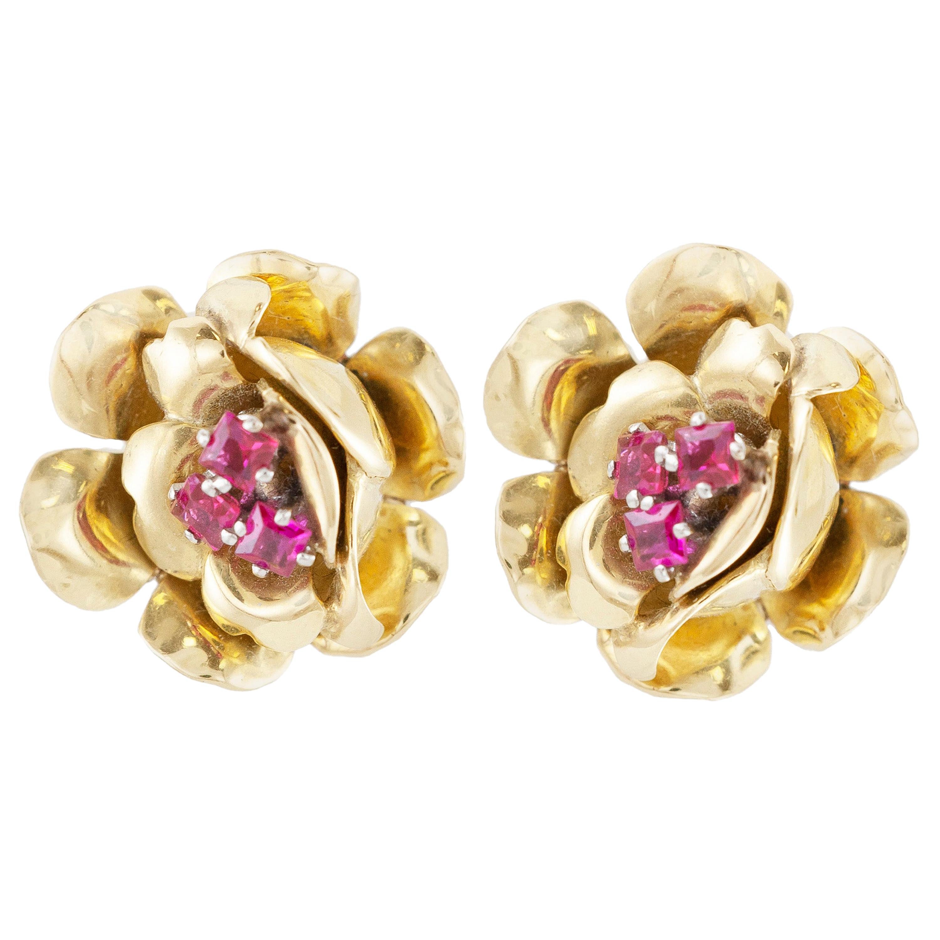 Ruby Floral Gold Stud Earrings For Sale