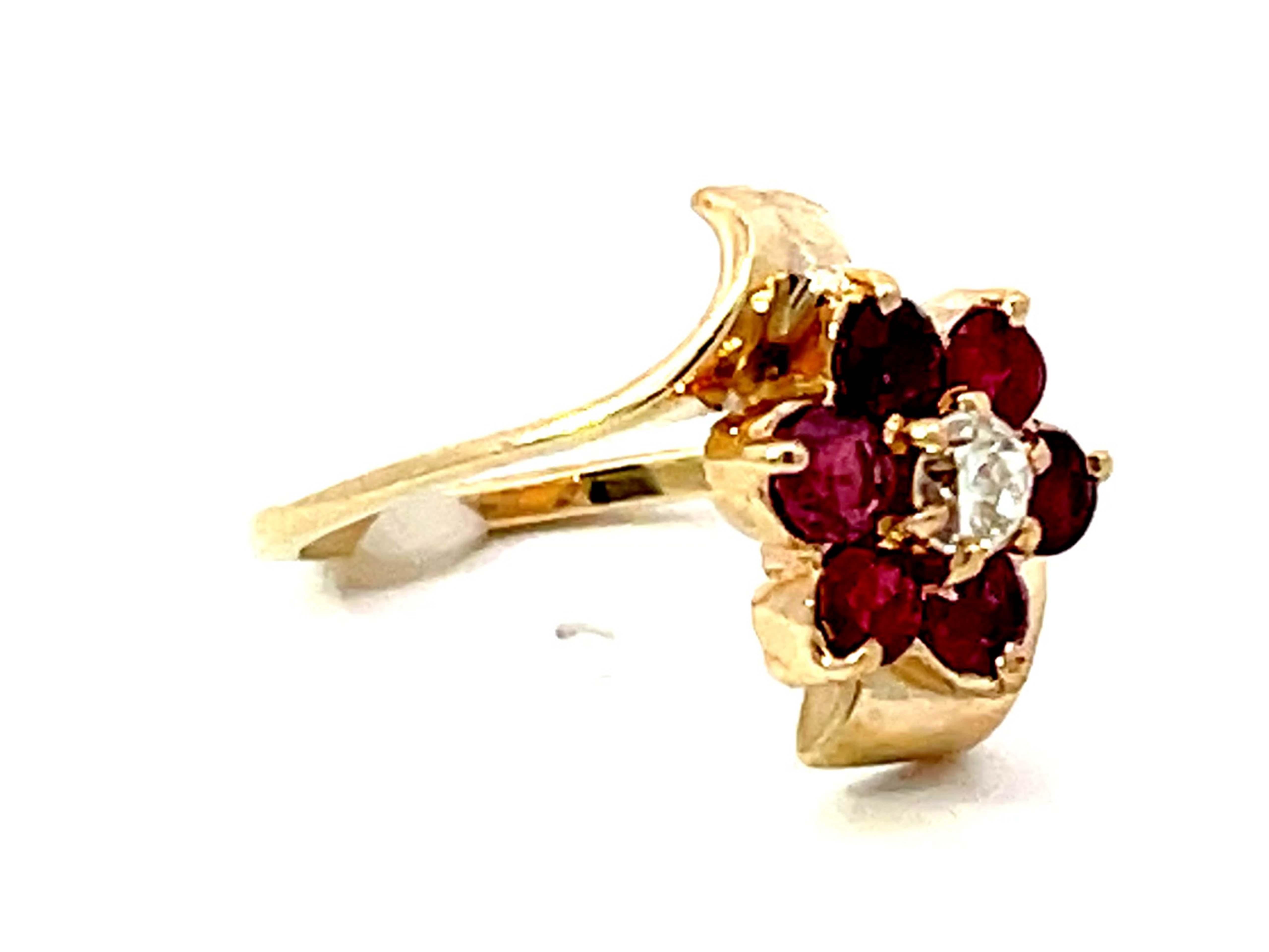 Modern Ruby Flower and Diamond Center Ring in 14k Yellow Gold For Sale