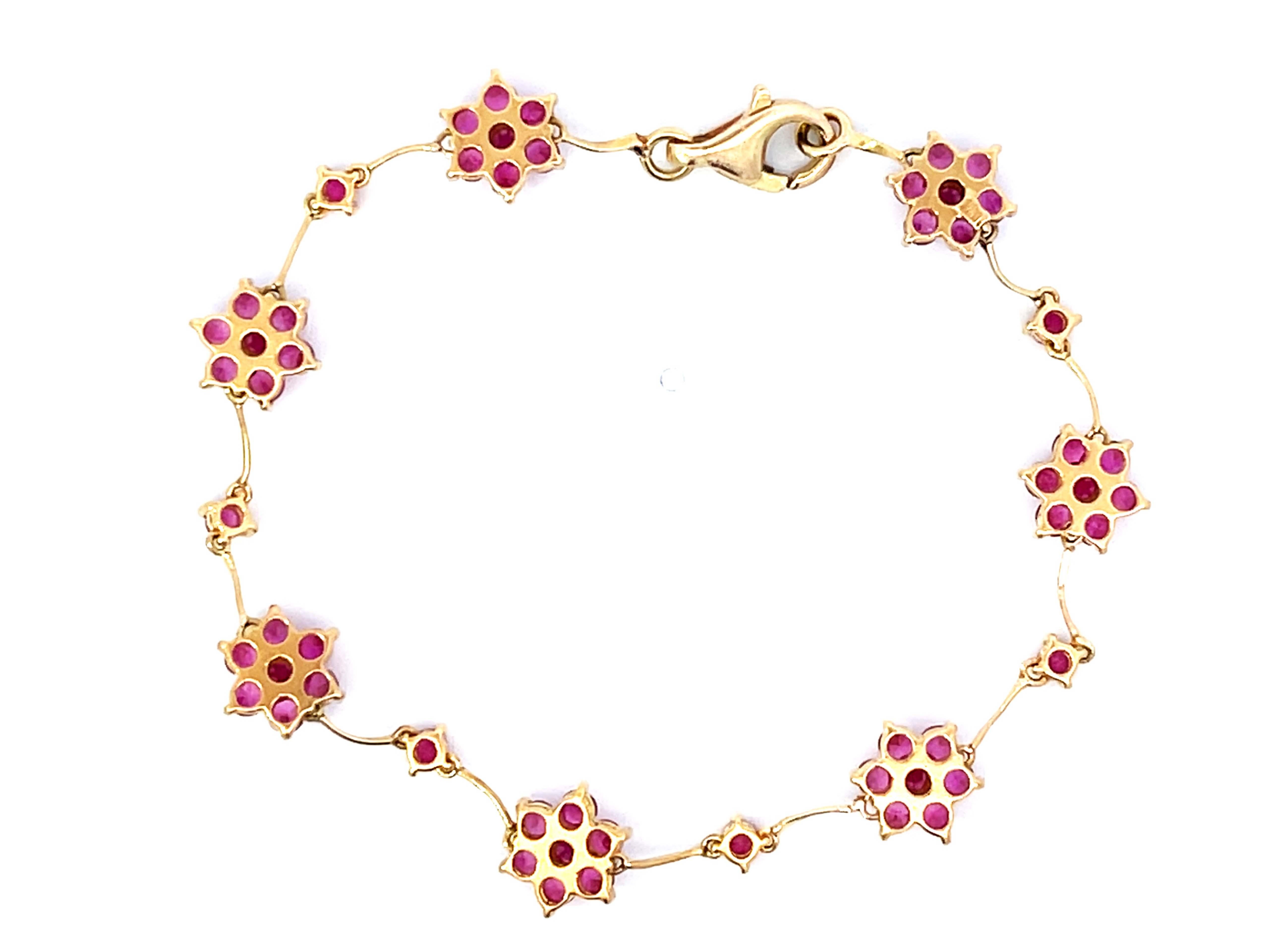 Round Cut Ruby Flower Bracelet in 18k Yellow Gold For Sale