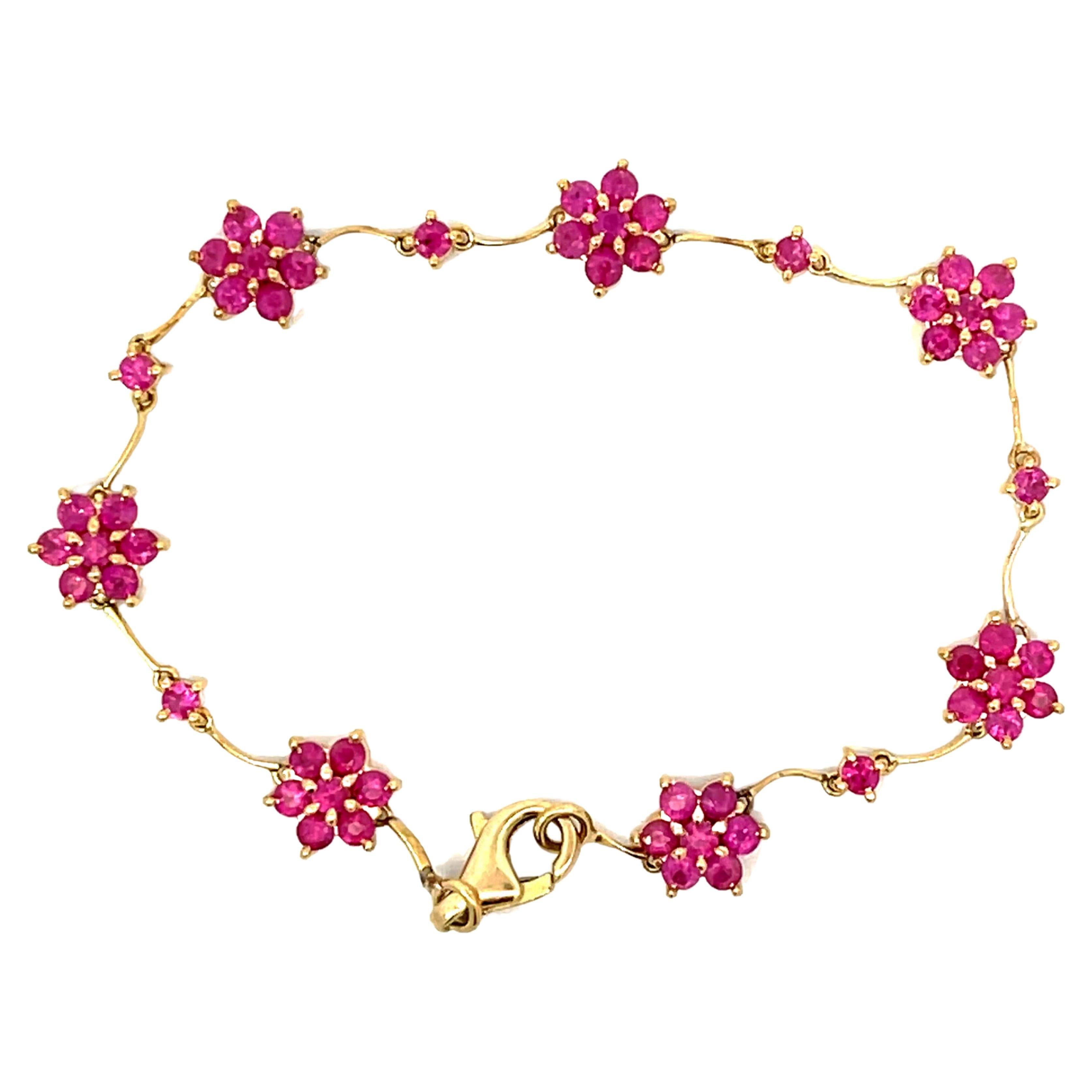 Ruby Flower Bracelet in 18k Yellow Gold For Sale