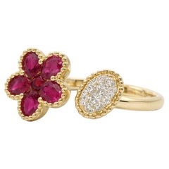 Ruby Flower & Diamond Halo Open Ring