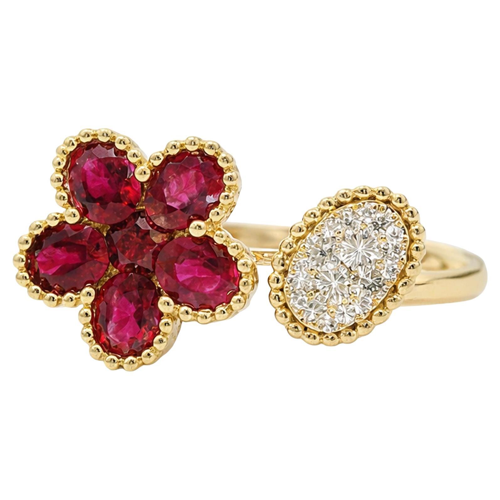 Ruby Flower & Diamond Halo Open Ring For Sale