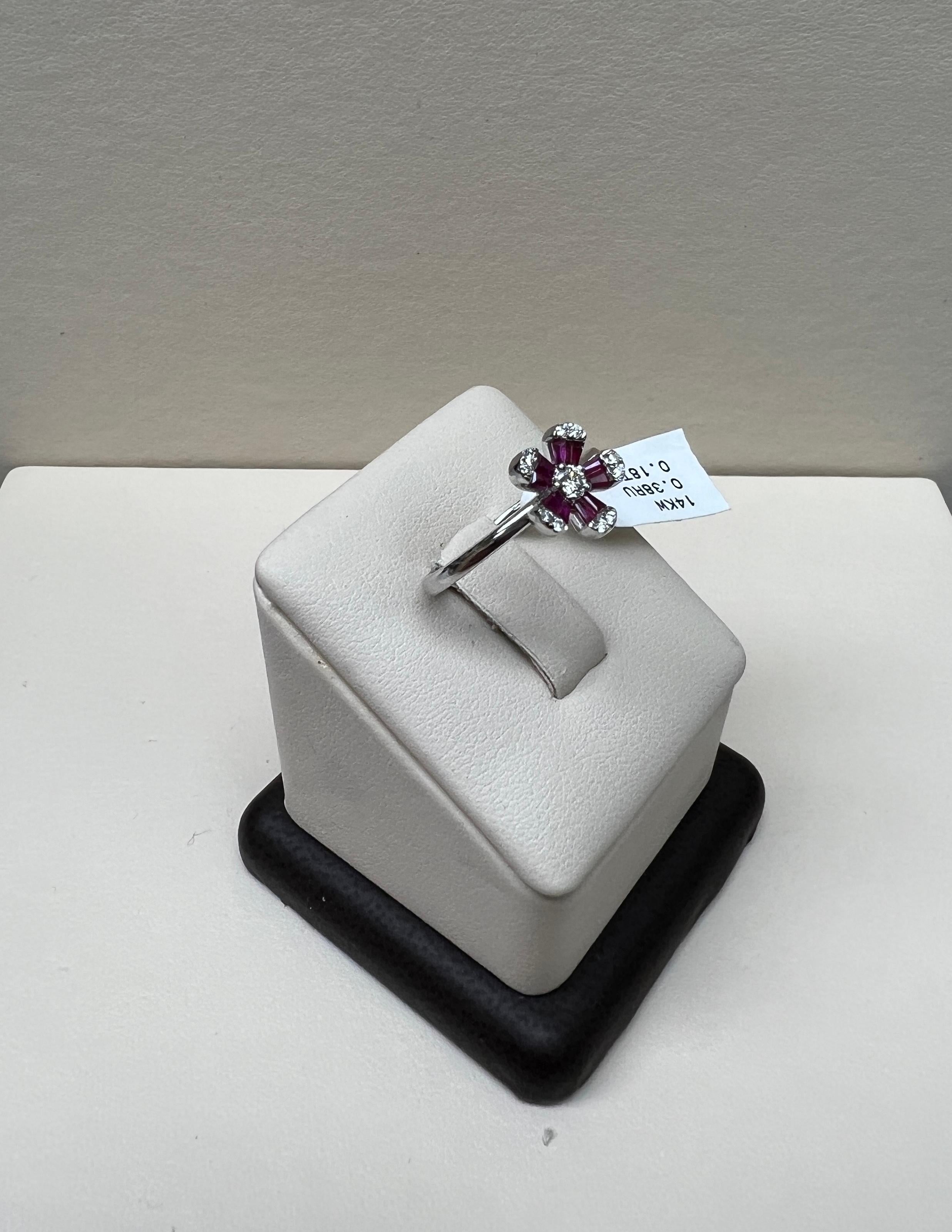 Baguette Cut Ruby Flower Diamond Ring 14K White Gold For Sale