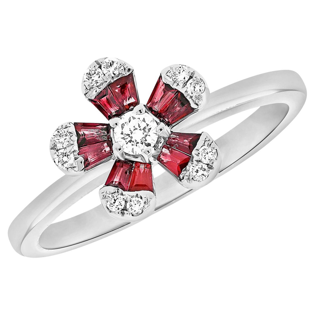 Ruby Flower Diamond Ring 14K White Gold For Sale