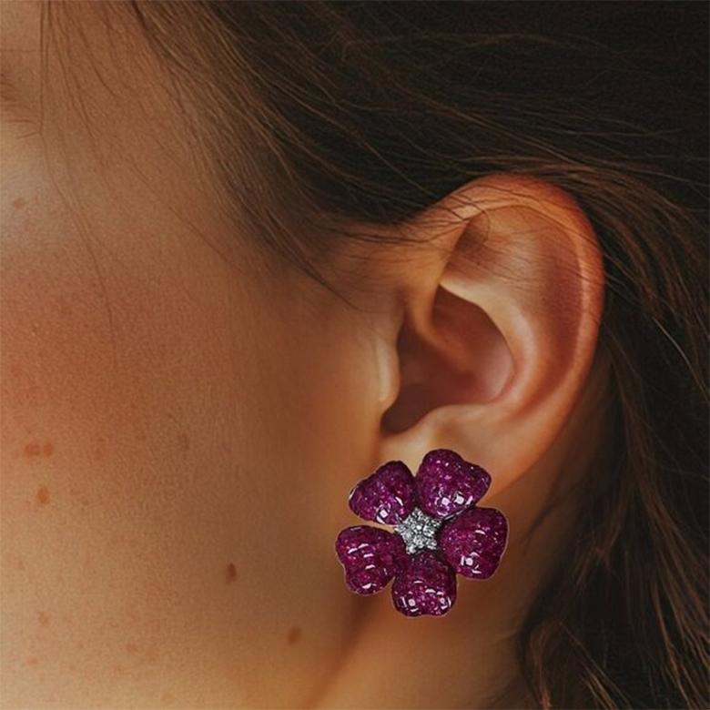 Diamonds Kissed 14K Yellow Gold Pink Blossom Stud Earrings In New Condition For Sale In Los Angeles, CA