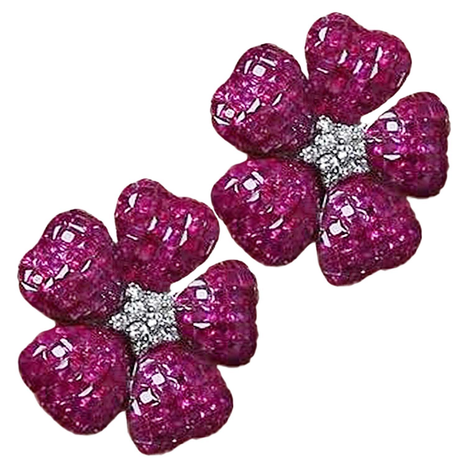 Diamonds Kissed 14K Yellow Gold Pink Blossom Stud Earrings For Sale