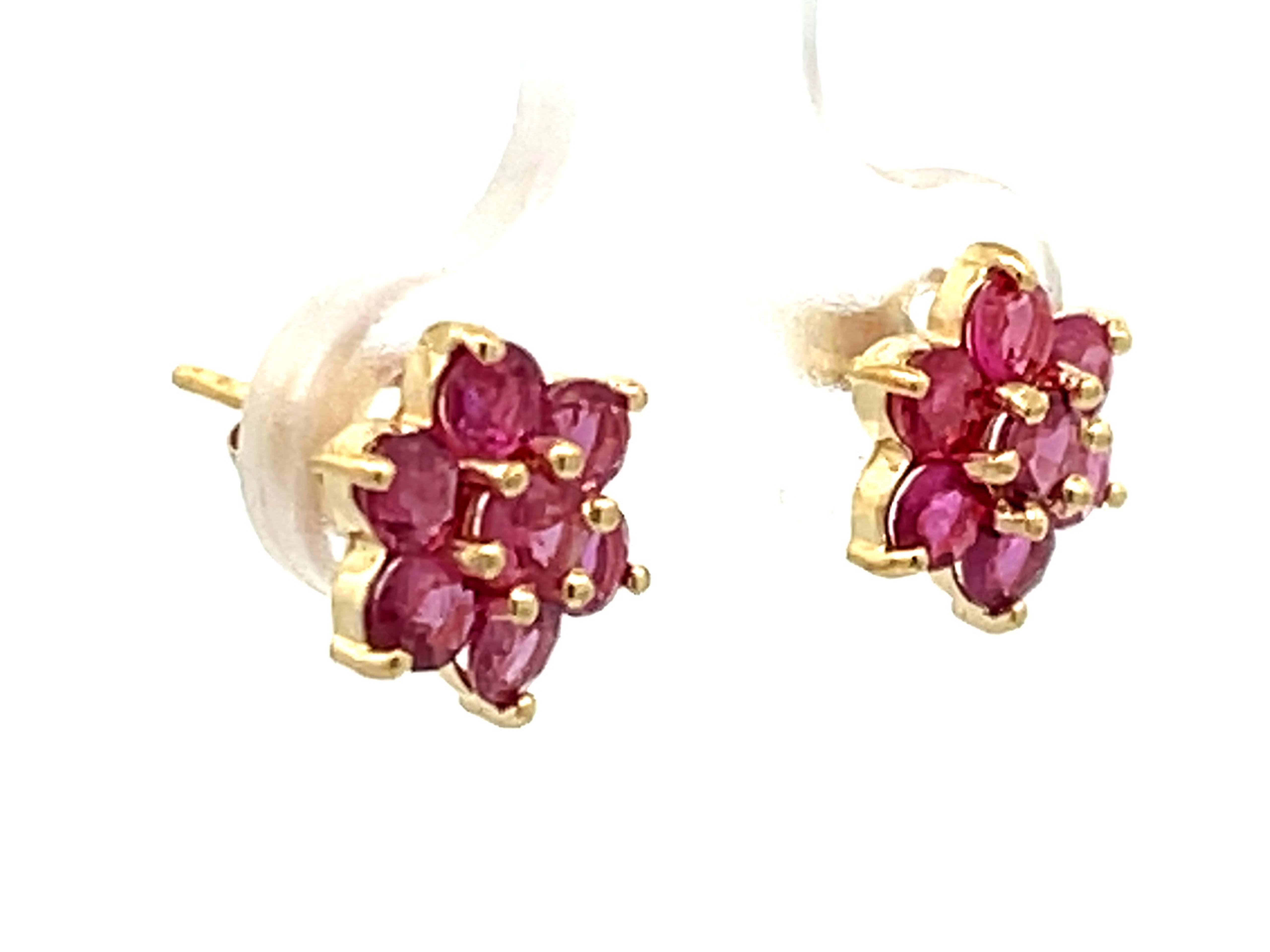 Modern Ruby Flower Earrings in 14k Yellow Gold