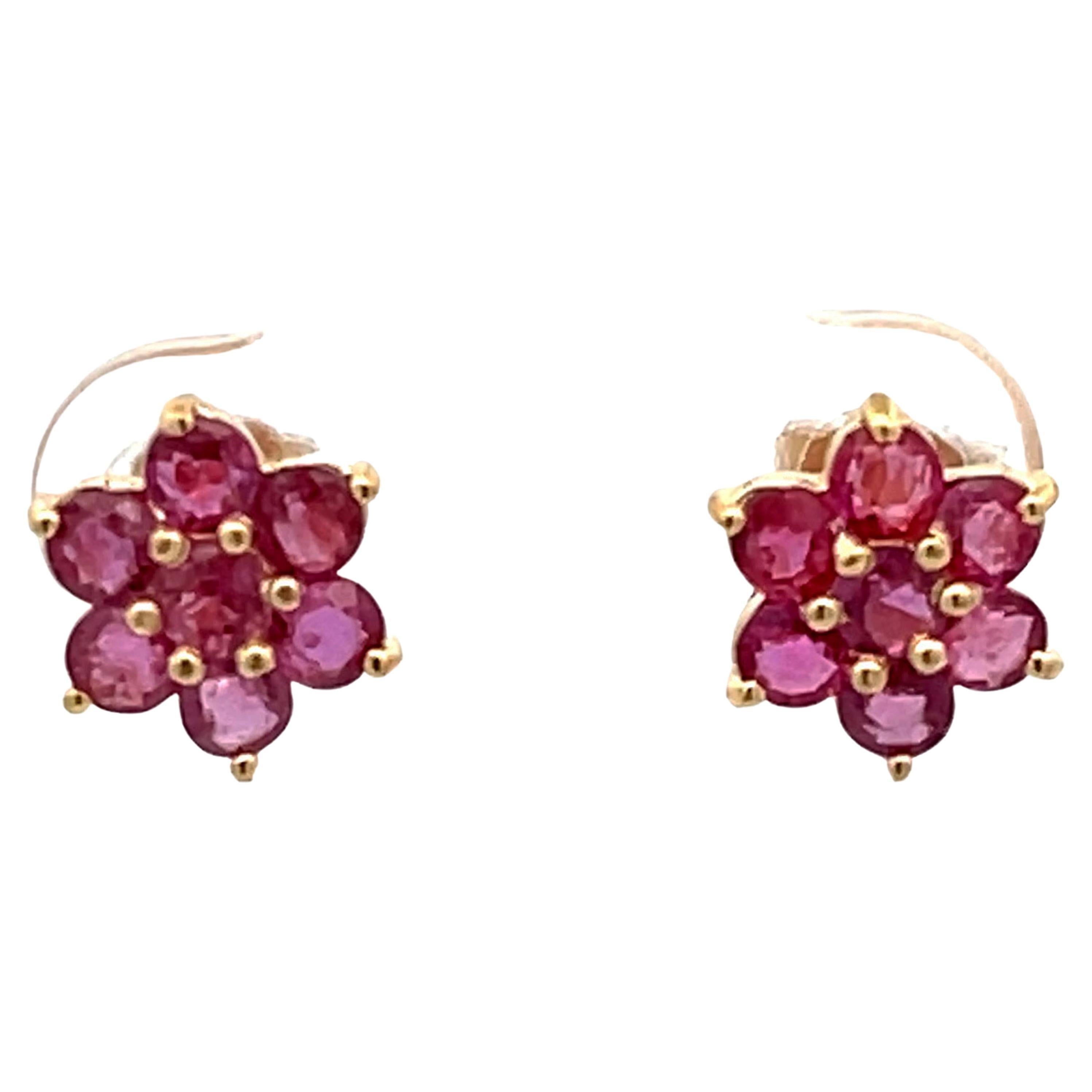 Ruby Flower Earrings in 14k Yellow Gold