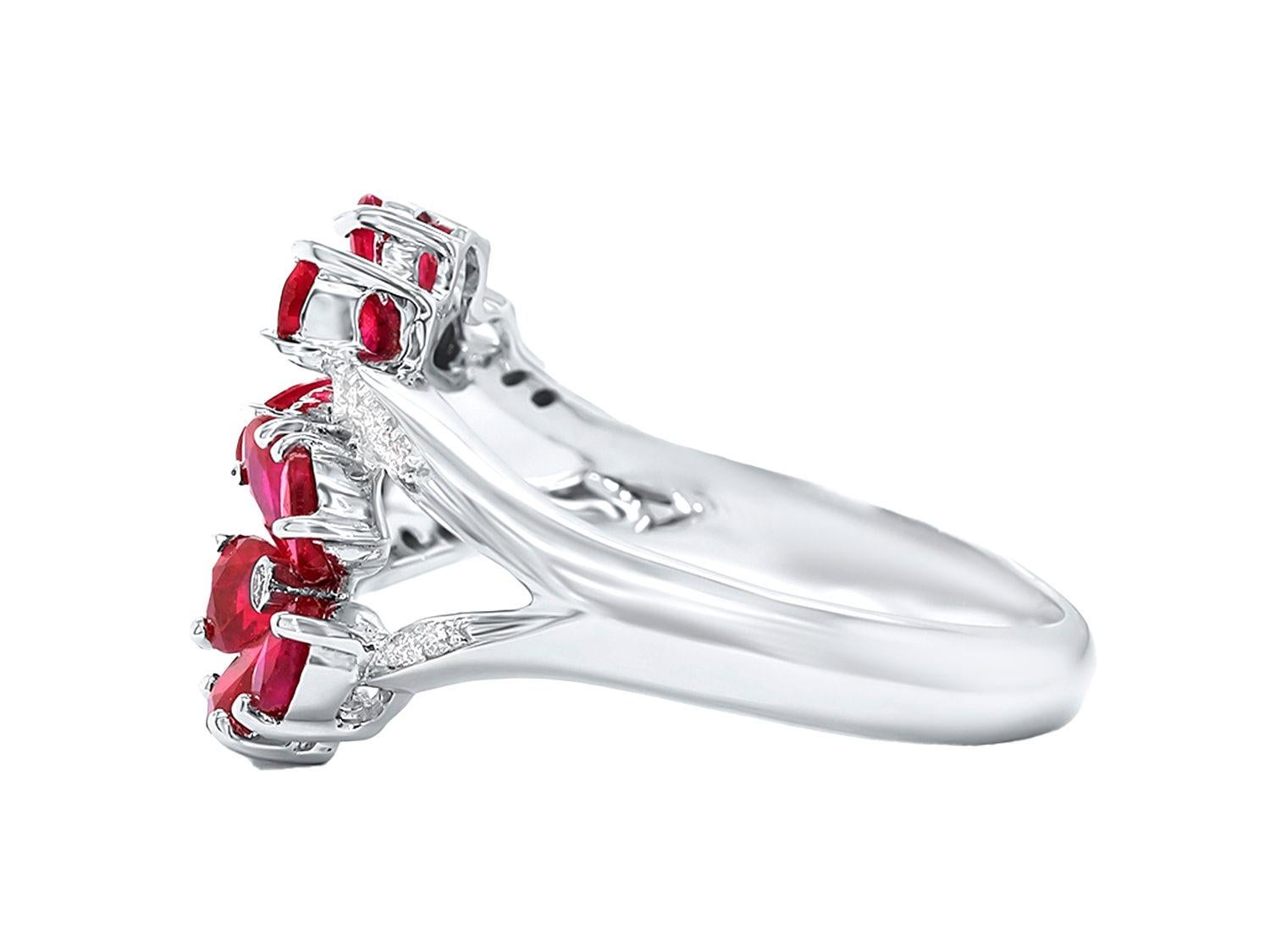 Pear Cut Ruby Flower Ring Diamond Setting 1.92 Carats 18K White Gold For Sale