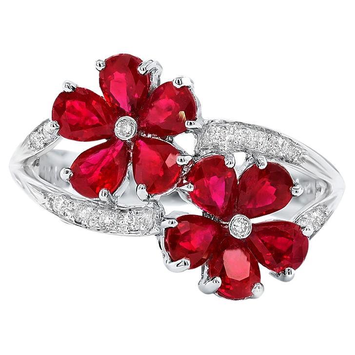 Ruby Flower Ring Diamond Setting 1.92 Carats 18K White Gold For Sale