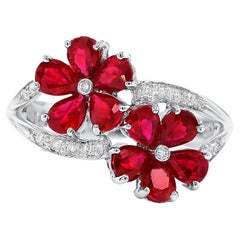 Ruby Flower Ring Diamond Setting 1.92 Carats 18K White Gold