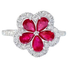 Ruby Flower Ring With Diamonds 1.55 Carats 18K White Gold