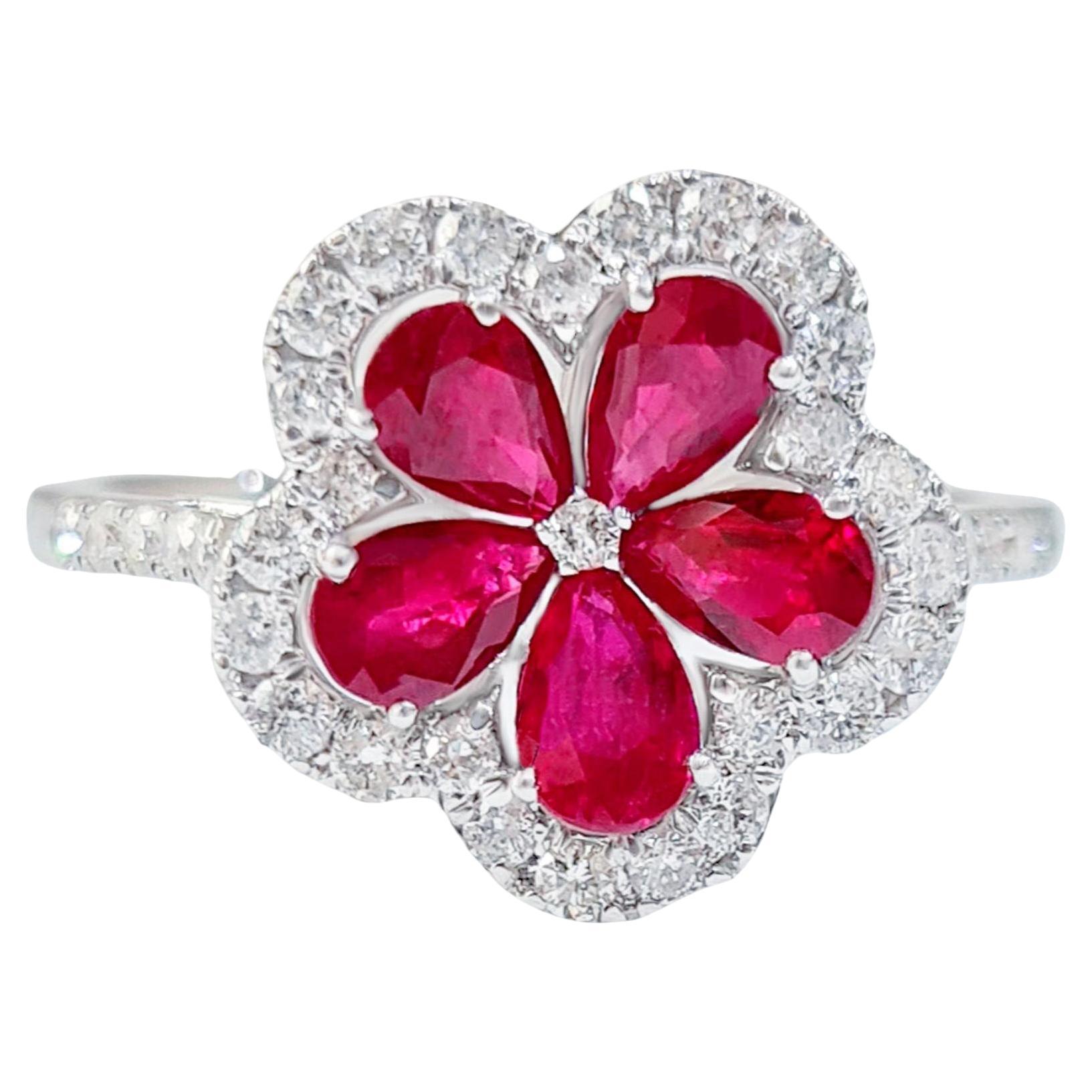 Ruby Flower Ring With Diamonds 1.55 Carats 18K White Gold For Sale