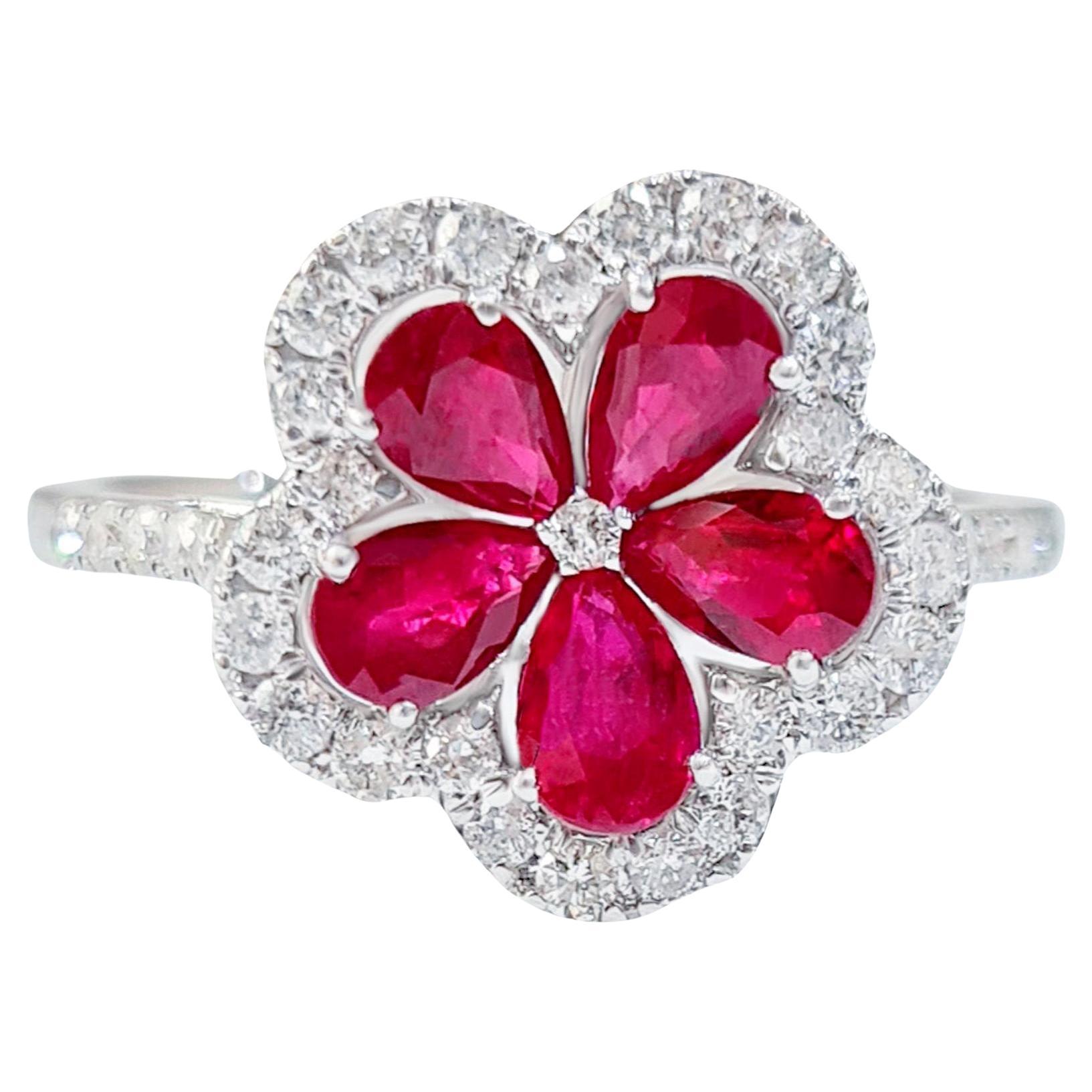 Ruby Flower Ring With Diamonds 1.55 Carats 18K White Gold For Sale