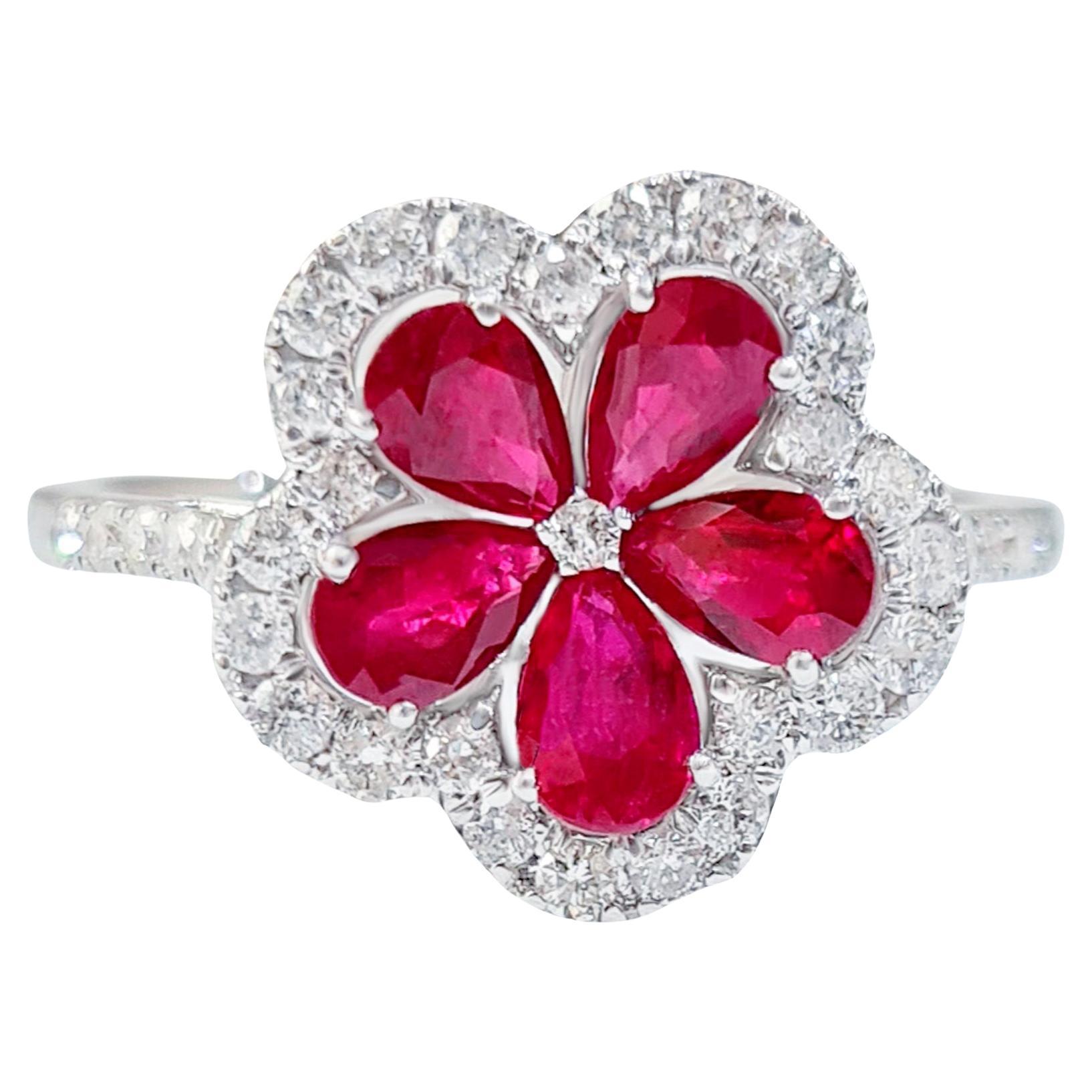 Ruby Flower Ring With Diamonds 1.55 Carats 18K White Gold