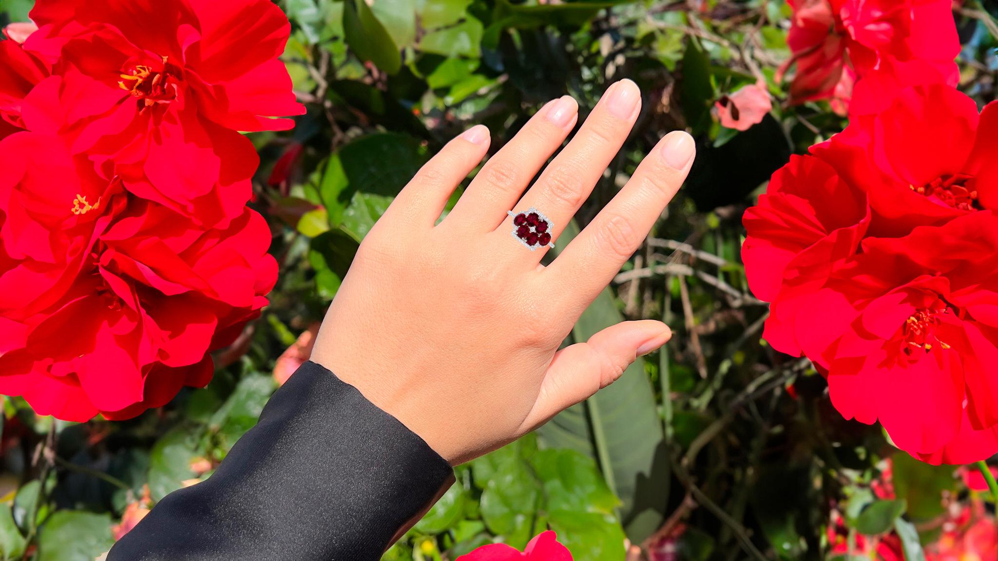 It comes with the Gemological Appraisal by GIA GG/AJP
All Gemstones are Natural
6 Oval Rubies = 2.03 Carats
49 Round Diamonds = 0.30 Carats
Metal: 18K White Gold
Ring Size: 6.5* US
*It can be resized complimentary
