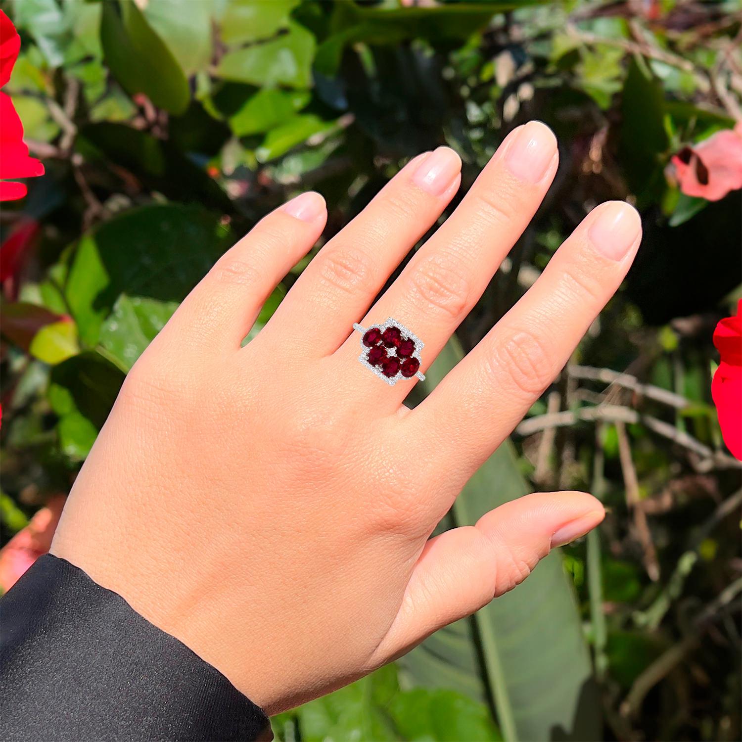 Art Deco Ruby Flower Ring With Diamonds 2.33 Carats 18K White Gold For Sale