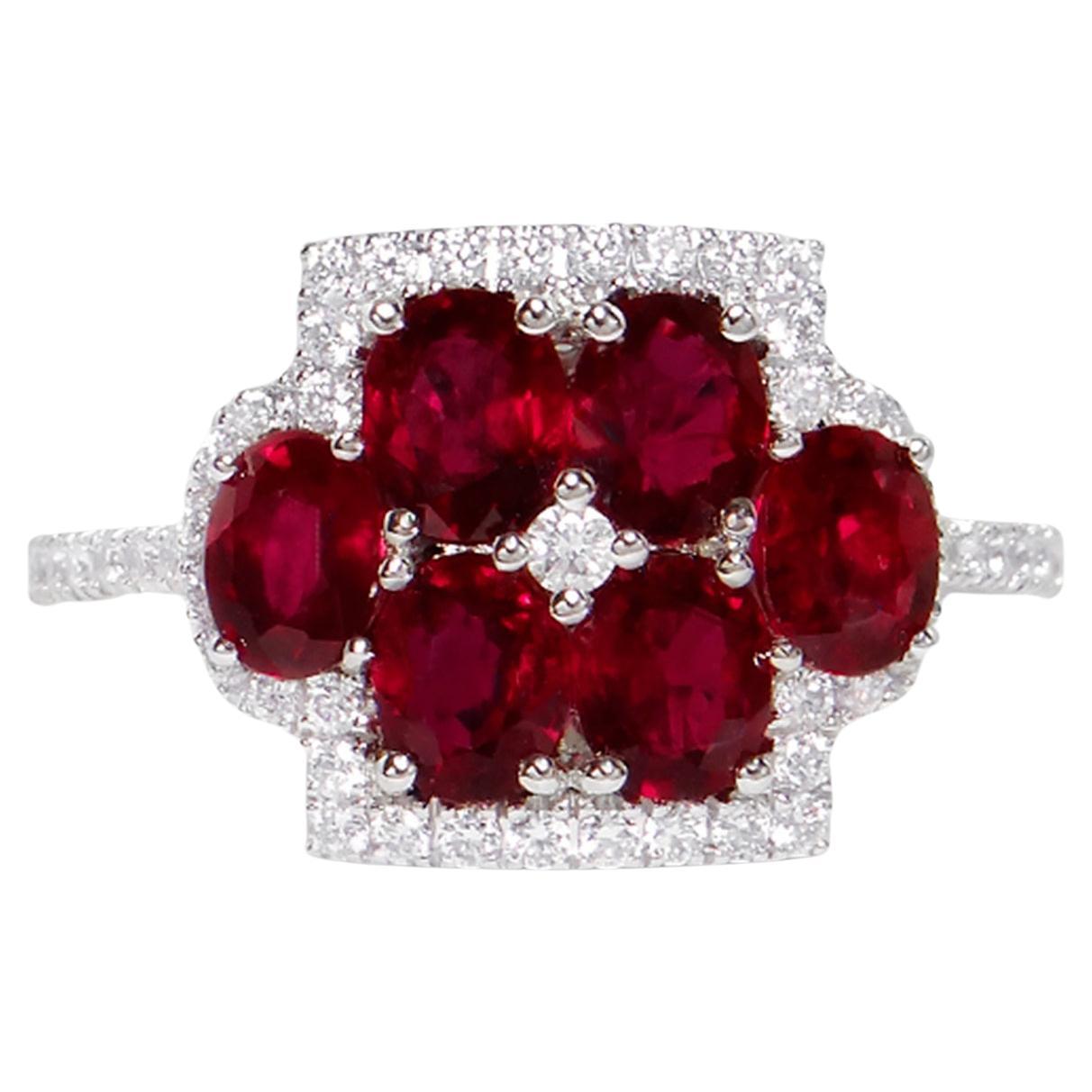 Ruby Flower Ring With Diamonds 2.33 Carats 18K White Gold For Sale