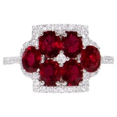 Vintage Ruby Flower Ring With Diamonds 2.33 Carats 18K White Gold