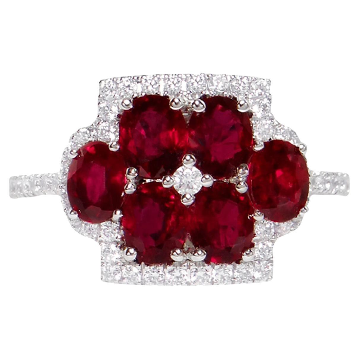 Ruby Flower Ring With Diamonds 2.33 Carats 18K White Gold