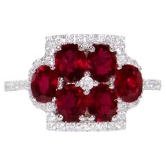 Vintage Ruby Flower Ring With Diamonds 2.33 Carats 18K White Gold