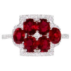 Ruby Flower Ring With Diamonds 2.33 Carats 18K White Gold