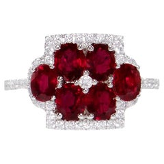 Ruby Flower Ring With Diamonds 2.33 Carats 18K White Gold